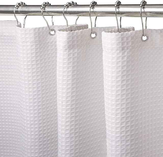 VANZAVANZU Shower Curtain for Bathroom with Metal Hooks Waffle Fabric Shower Curtain Heavy Duty Bath Curtain for Wet Room Bathtub Shower Stall, Weighted Hem, Water Resistant - 182 x 182cm (White)