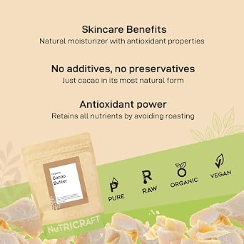 NutriCraft Organic Criollo Cacao Butter - 250g, 100% Pure, Sustainably Sourced from Peruvian Amazon - For Baking, Chocolate Making, Body Butters, and Soaps - Quick Melting, Rich Chocolate Aroma