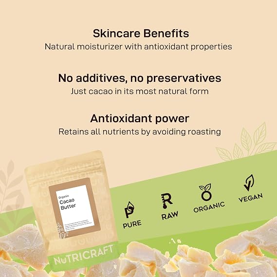 NutriCraft Organic Criollo Cacao Butter - 250g, 100% Pure, Sustainably Sourced from Peruvian Amazon - For Baking, Chocolate Making, Body Butters, and Soaps - Quick Melting, Rich Chocolate Aroma