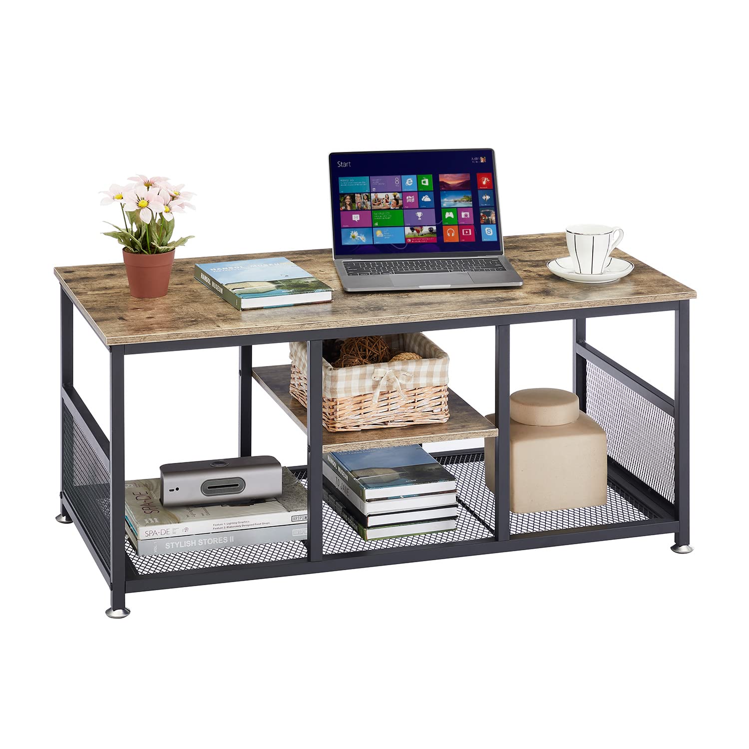 VECELO Coffee Center Table with Storage for Living Room Office Reception, Modern & Industrial Mesh Shelf, 39.4 Inch, Grey