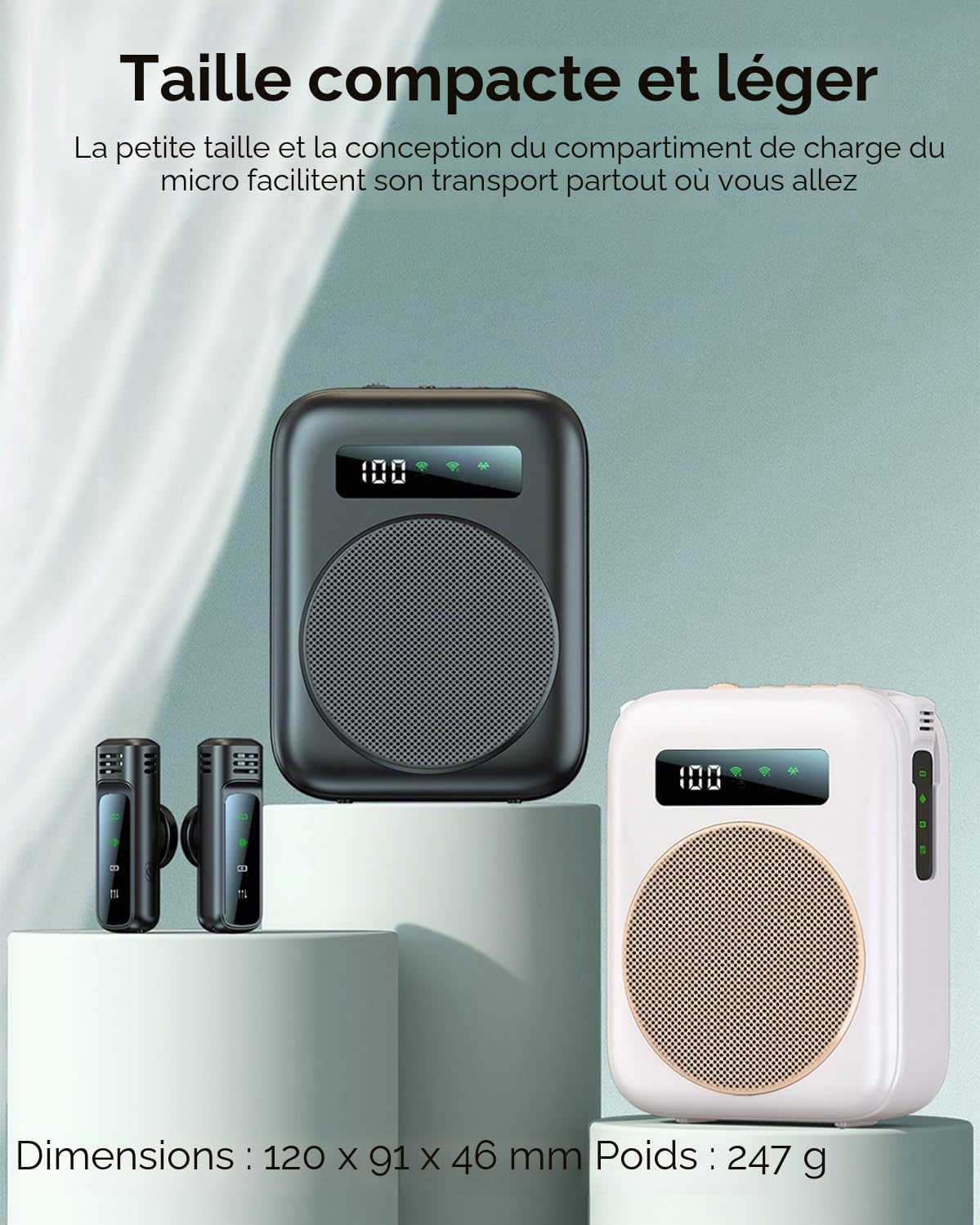 Amplificateur de Voix sans Fil Portable, Mini Amplificateur Vocal avec 2 Microphones à Revers, Beige