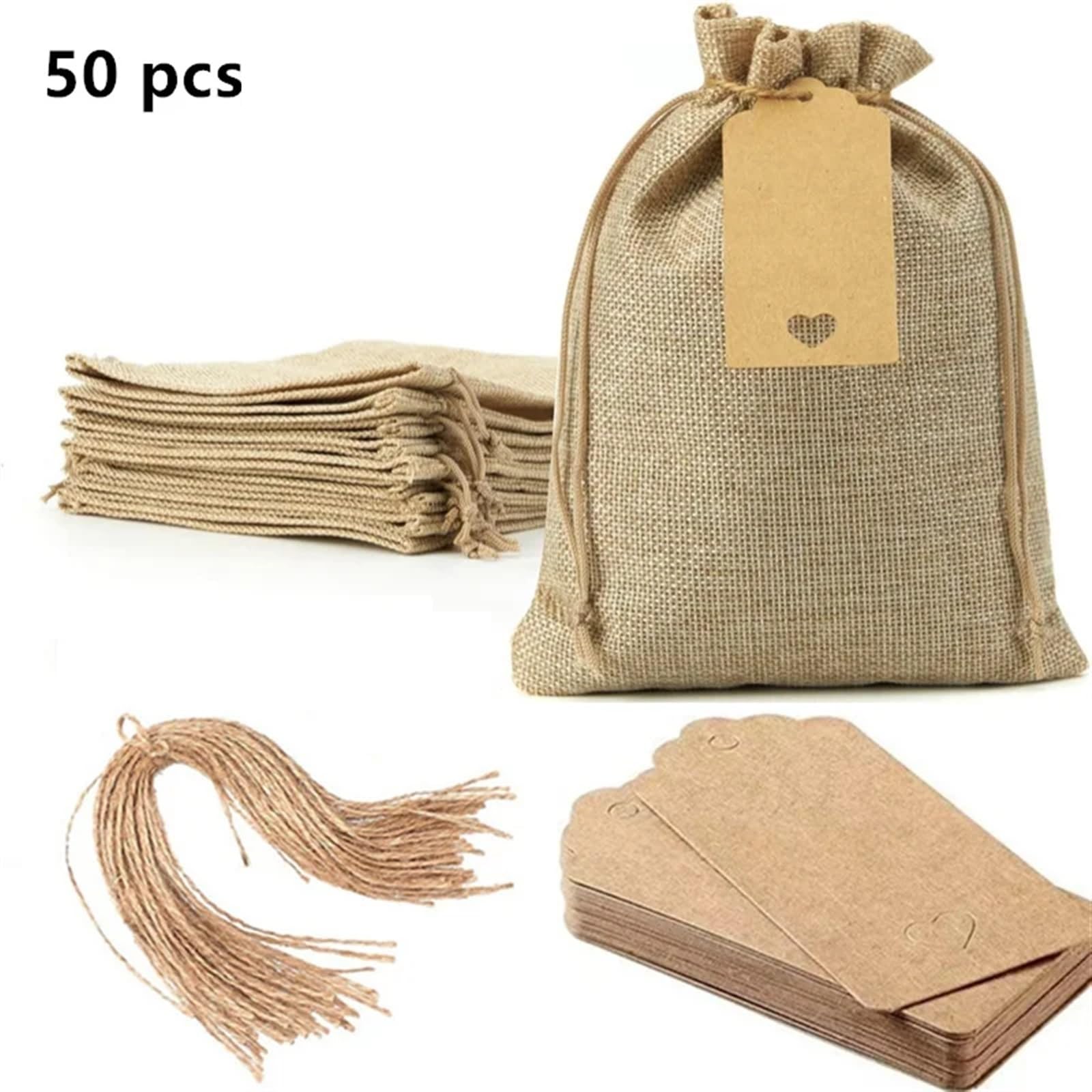 Geschenkbeutel 50 Stück kleine Jutebeutel for Hochzeiten mit Papieranhängern, Party-Geschenkbeutel mit Kordelzug, Schmuckpaket-Säcke(10x14cm(50pcs))
