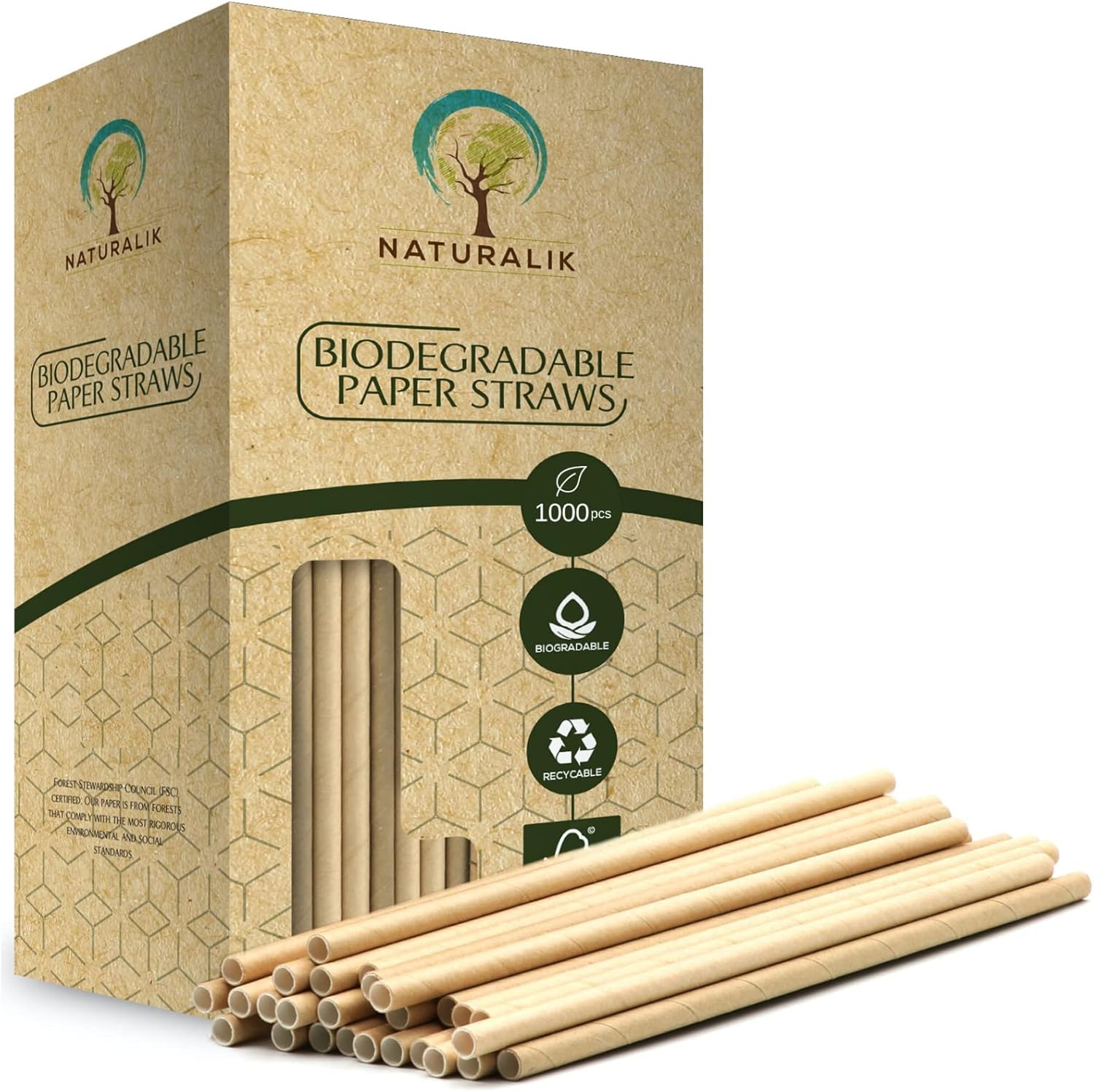 Naturalik 1000-Pack Sturdy Biodegradable Paper Straws Heavy-Duty, Dye-Free, Eco-Friendly Sturdy Paper Straws Bulk Drinking Straws for Smoothies, Restaurants and Party Decorations 7.7" (Brown, 1000pc)