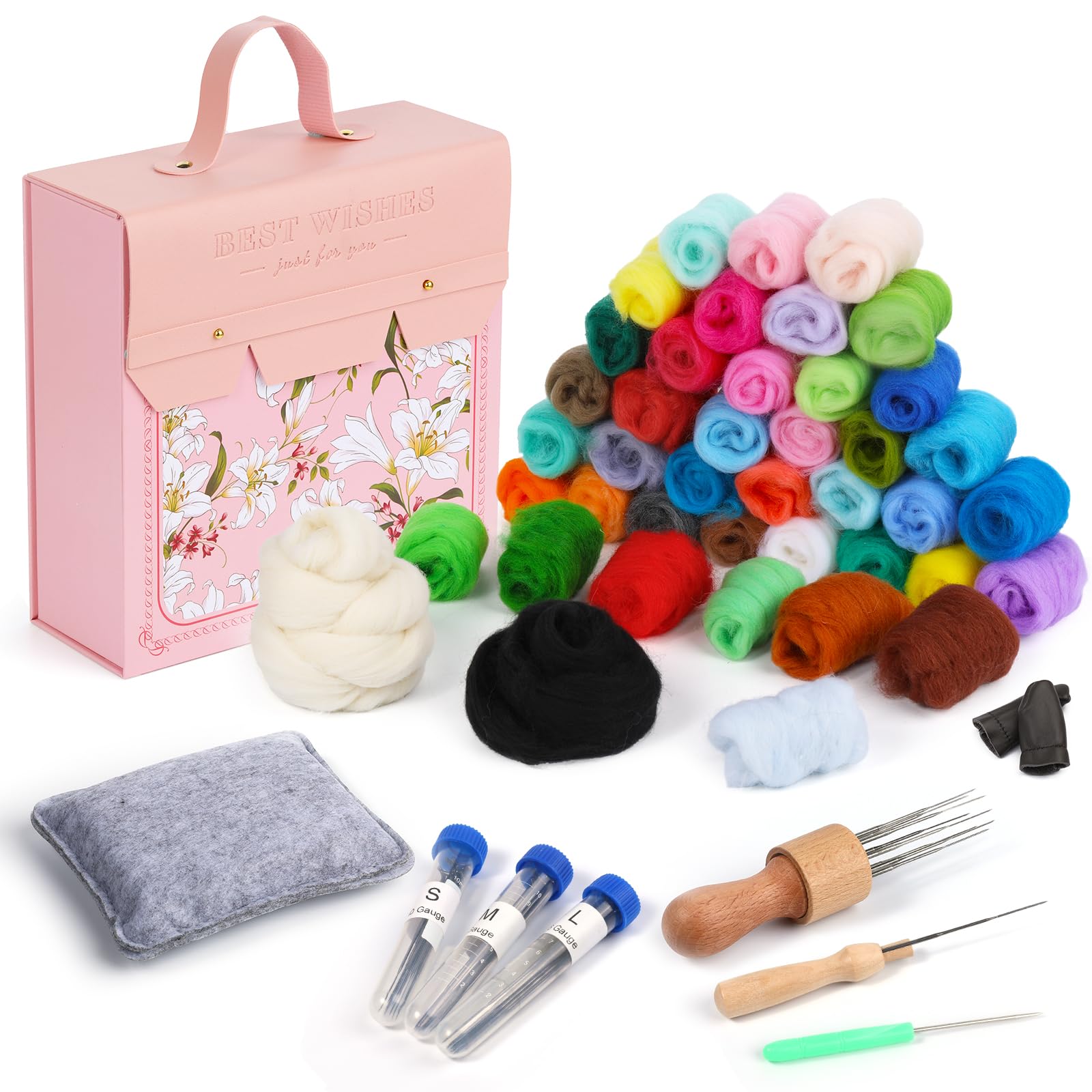 Easusy Needle Felting Kit, 42 Colors Wool Roving Set, Tool Kit With Felting Needles, Pad, Portable Storage Box for DIY Craft Home Decoration