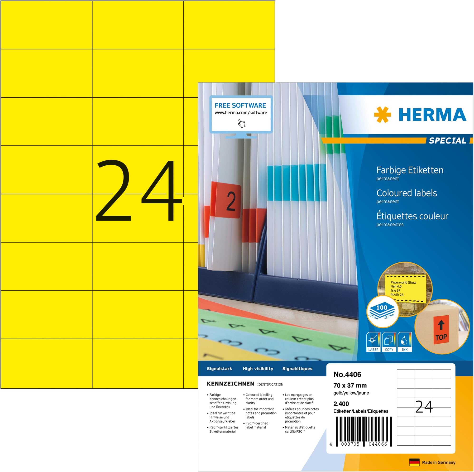 Self Adhesive Coloured Labels, 24 Labels per A4 Sheet, 100 Sheets, 70 x 37 mm, 2400 Labels, Blank Colour Labels Stickers, Sticky Labels for Laser & Inkjet Printer, Yellow