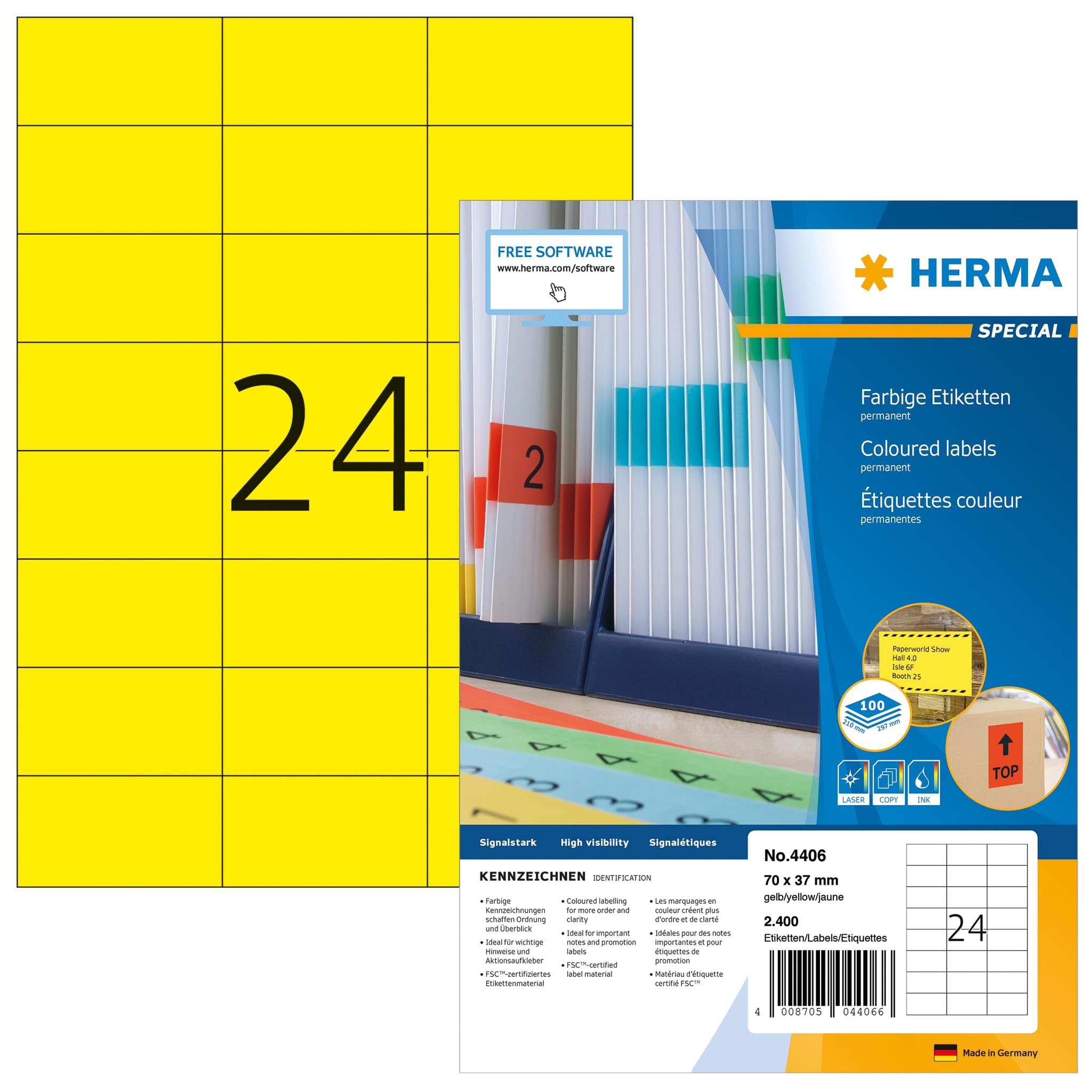 HERMA Self Adhesive Coloured Labels, 24 Labels per A4 Sheet, 100 Sheets, 70 x 37 mm, 2400 Labels, Blank Colour Labels Stickers, Sticky Labels for Laser & Inkjet Printer, Yellow