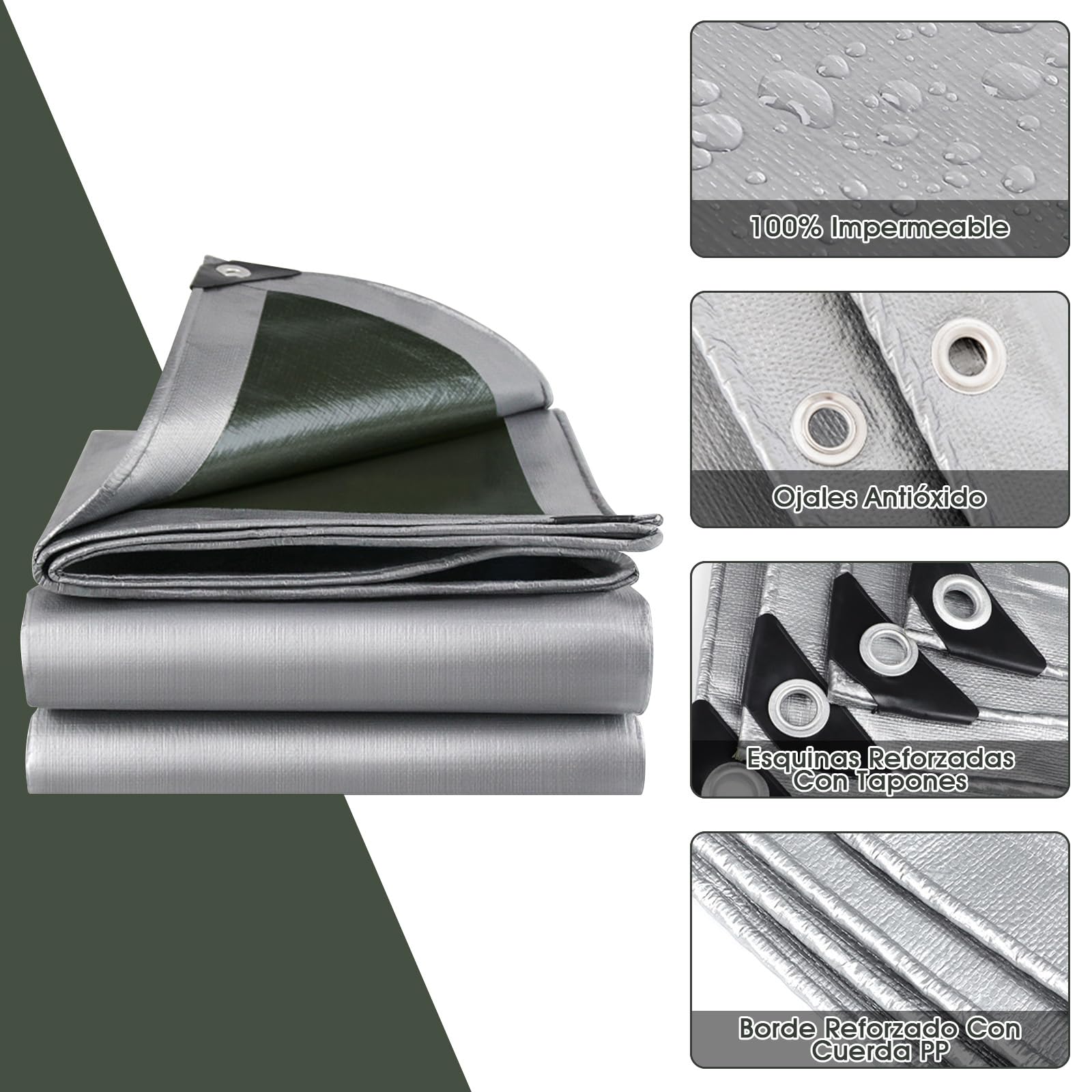 Lona Impermeable Exterior 3x4m, 180g/m² Lona de Protección Toldo Reforzado PE con Ojales, Duradera Resistente a Los Rayos UV Desgarros, Multiusos para Terrazas Muebles Jardín Piscina Coche Verde-Plata