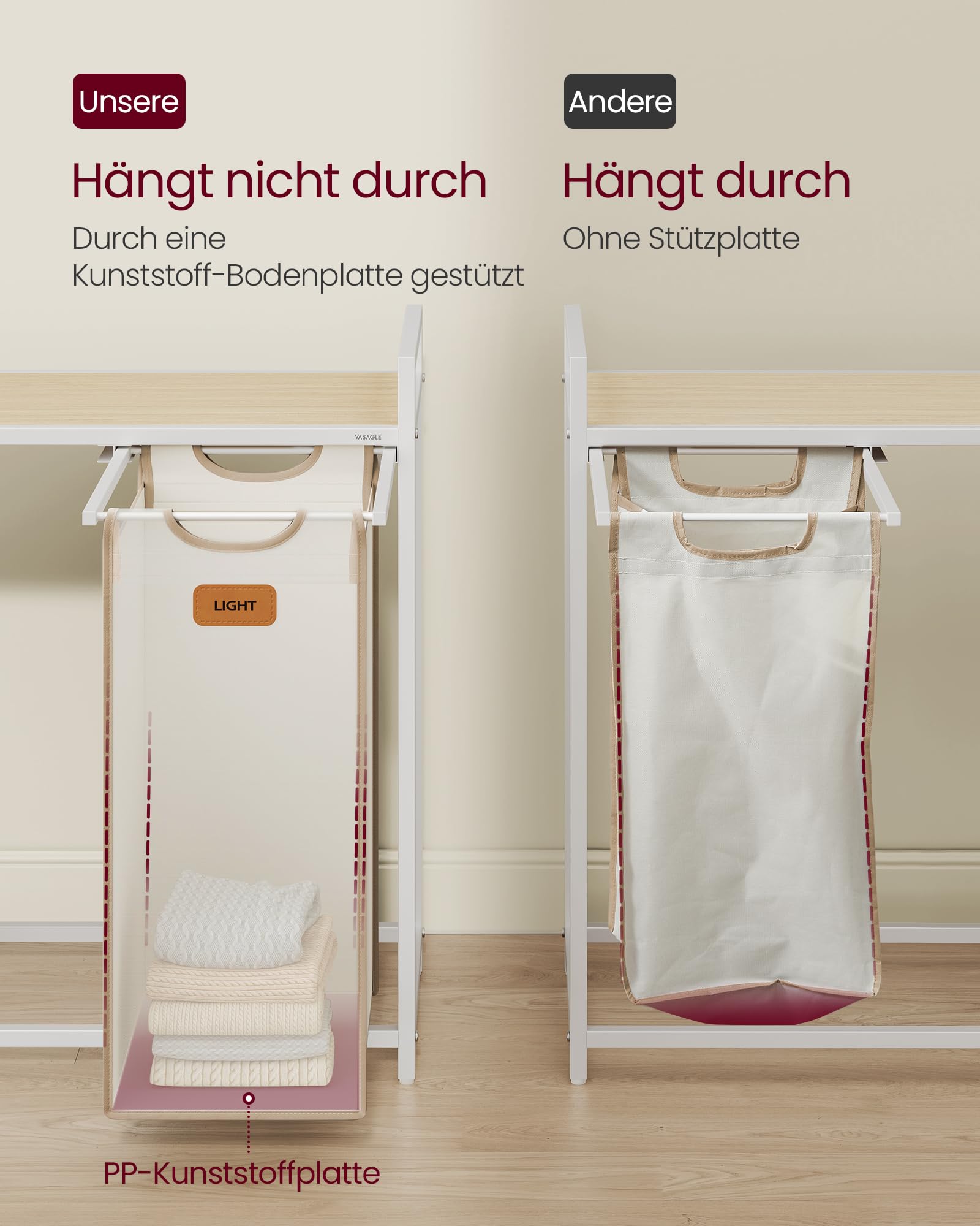 VASAGLE Wäschekorb, Wäschesammler, Wäschesortierer, Rollen, Wäschewagen mit Ablage, kleine seitliche Taschen, 6 Etiketten, 4 Fächer, 150 L, naturbeige-kamelbraun-cremeweiß BLH203N01
