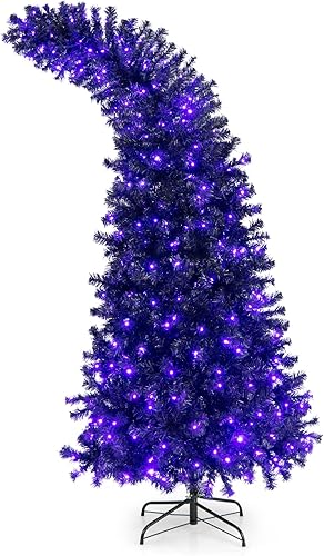 Goplus Árbol de Navidad negro preiluminado de 7 pies, árbol de Halloween artificial con bisagras con 1050 puntas, 400 luces moradas y naranjas, 8