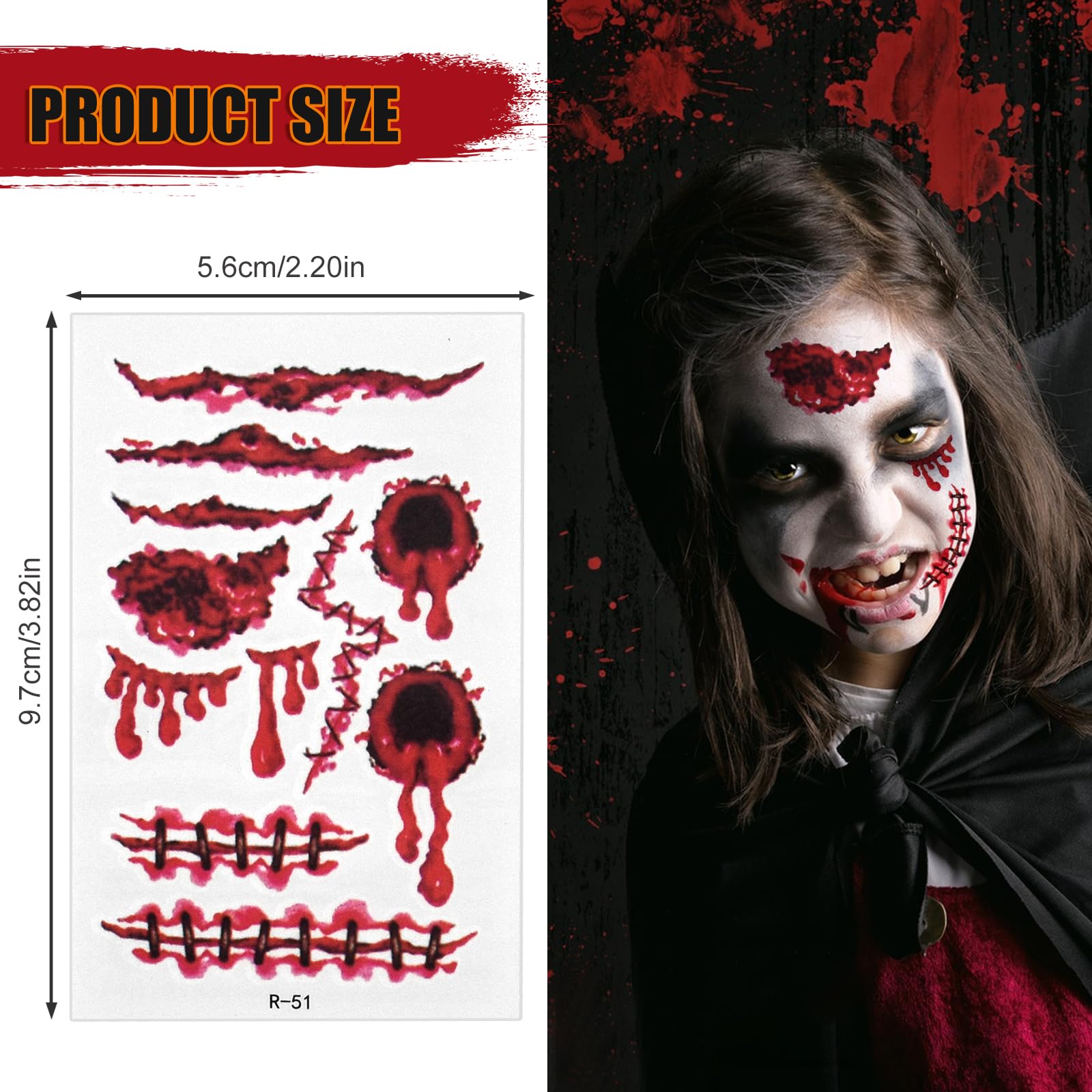 30 Sheets Halloween Temporary Tattoos Stickers Zombie Tattoo Halloween Cosplay Temporary Tattoo Sca Tattoos with Fake Scab Wound Halloweens Face Stickers Special Fx Costume Makeup Props - Image 2