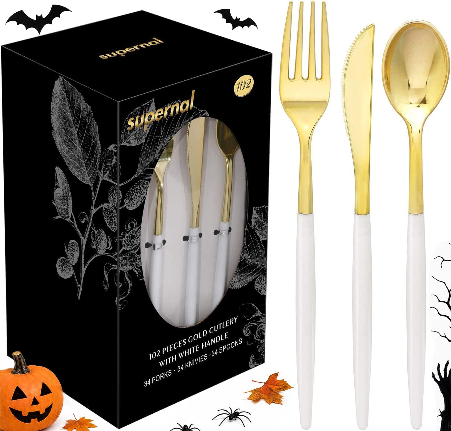 Supernal 102pcs White and Gold Plastic Silverware Set,34 Guests