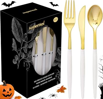 Supernal 102pcs White and Gold Plastic Silverware Set,34 Guests