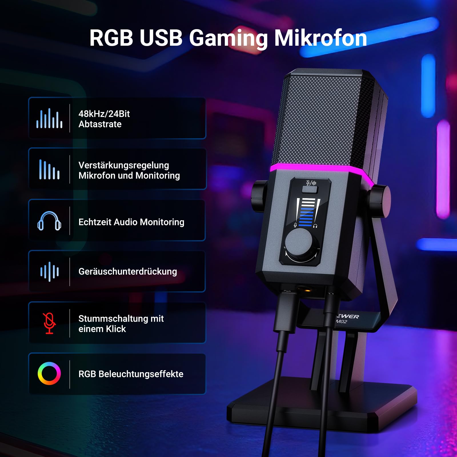 NEEWER RGB USB Mikrofon für Gaming Streaming Podcasts, Nierencharakteristik Kondensator Microphone mit Geräuschunterdrückung für Monitoring kompatibel mit iPhone iPad Mac PC Android PS5/PS4 Pro/PS4