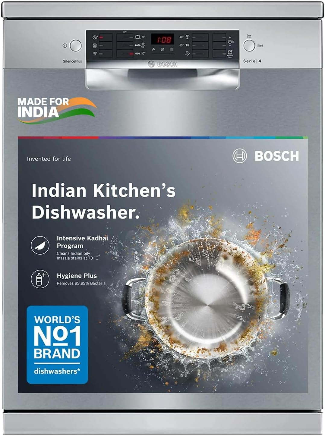 Bosch 15 Place Setting (fits up to 80 utensils) Free-Standing Dishwasher for Indian Utensils | Hygiene+ & Intensive Kadhai Program (SMS46KI03I, Inbuilt Heater, Removes 99.9% Germs, Silver Inox)