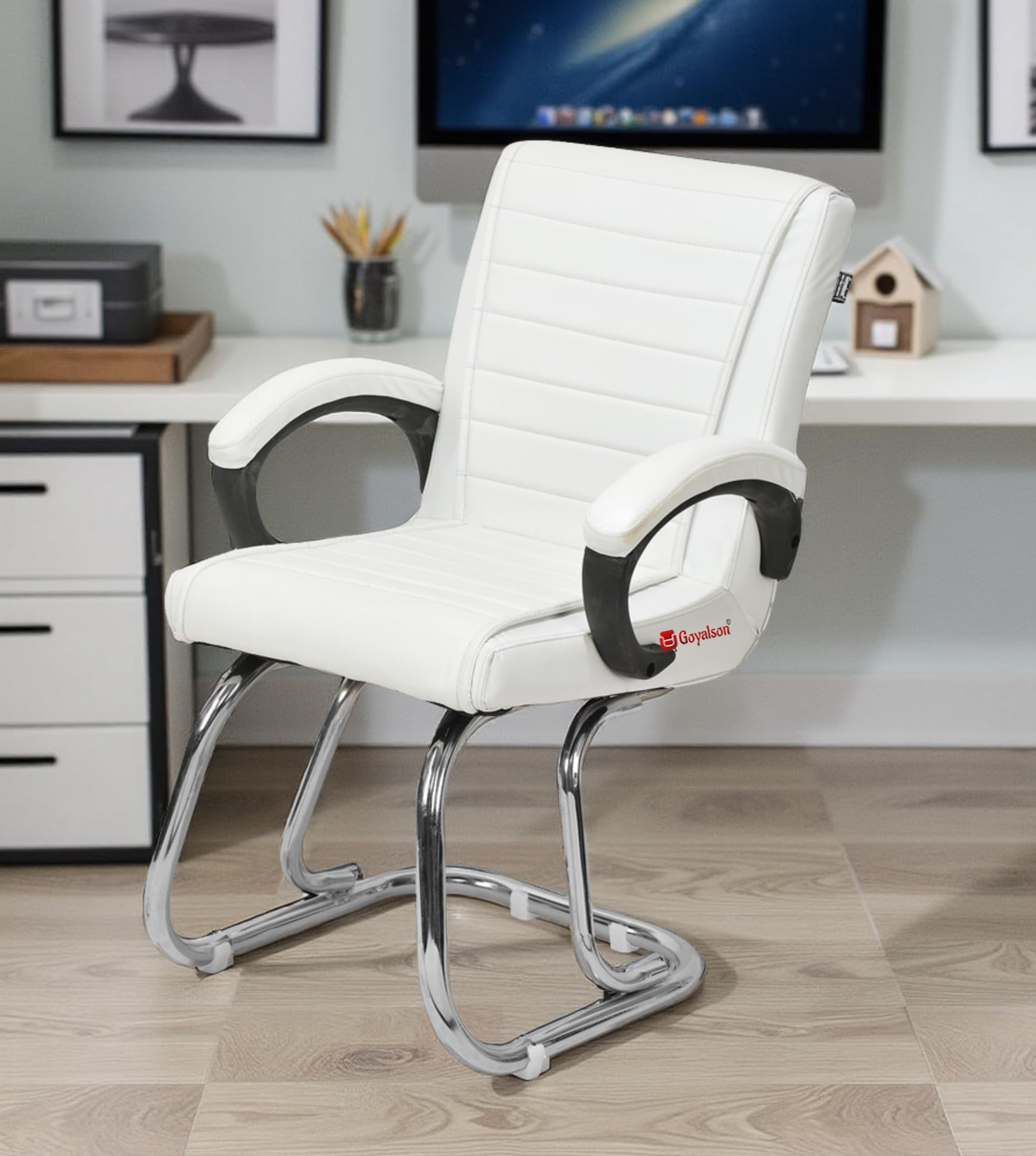 Executive Office Home Study Chair Library Chair with Cushioned Arm Rest & Seat Back, Reception or Conference Room Seating, 100 Kgs Limit (1, White, Double Pipe Chrome Frame)