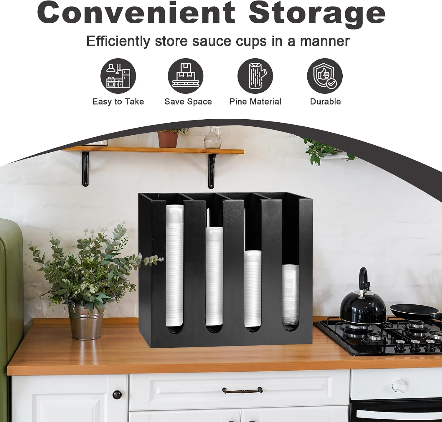 Wall Mount Portion Sauce Cup Lid Organizer Wood Sauce Cup Dispenser 4 Compartments Portion Cup and Lid Holder with Sponge Pad Cup Dispenser fits Cups Size 2 3 oz for Kitchen Counter Restaurant