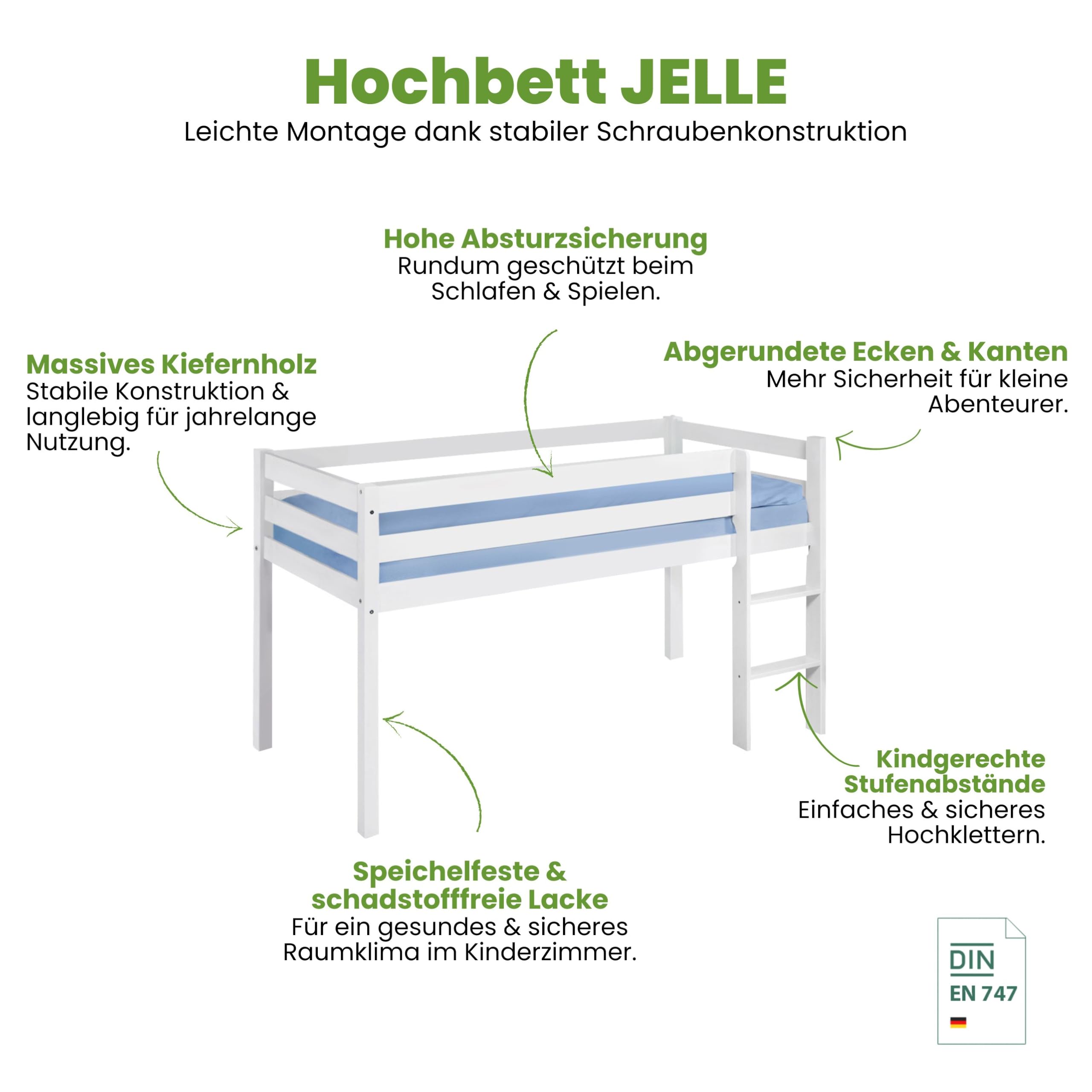 Hochbett JELLE 90×200 cm | 90x190 cm – Kinderbett & Spielbett aus Massivholz (Kiefer) inkl. Lattenrost – Verschiedene Markenmotive (Spiderman, 90 x 200 cm)