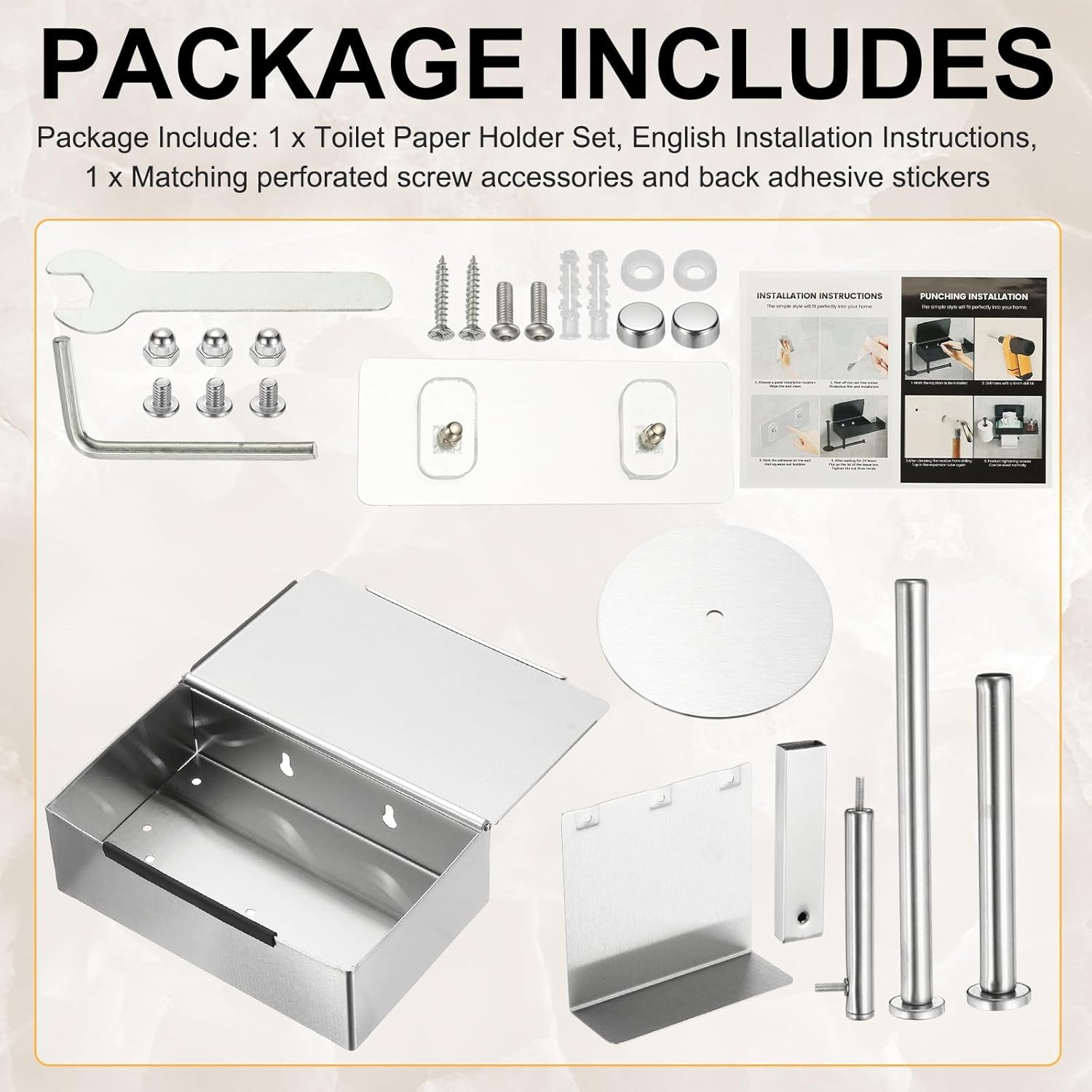 uxcell Toilet Paper Holder with Storage, 304 Stainless Steel Adhesive Wall Mounted Toilet Roll Holder with Extension Shelf for 2 Rolls, Wipes Dispenser for Bathroom Organizer(Silver)