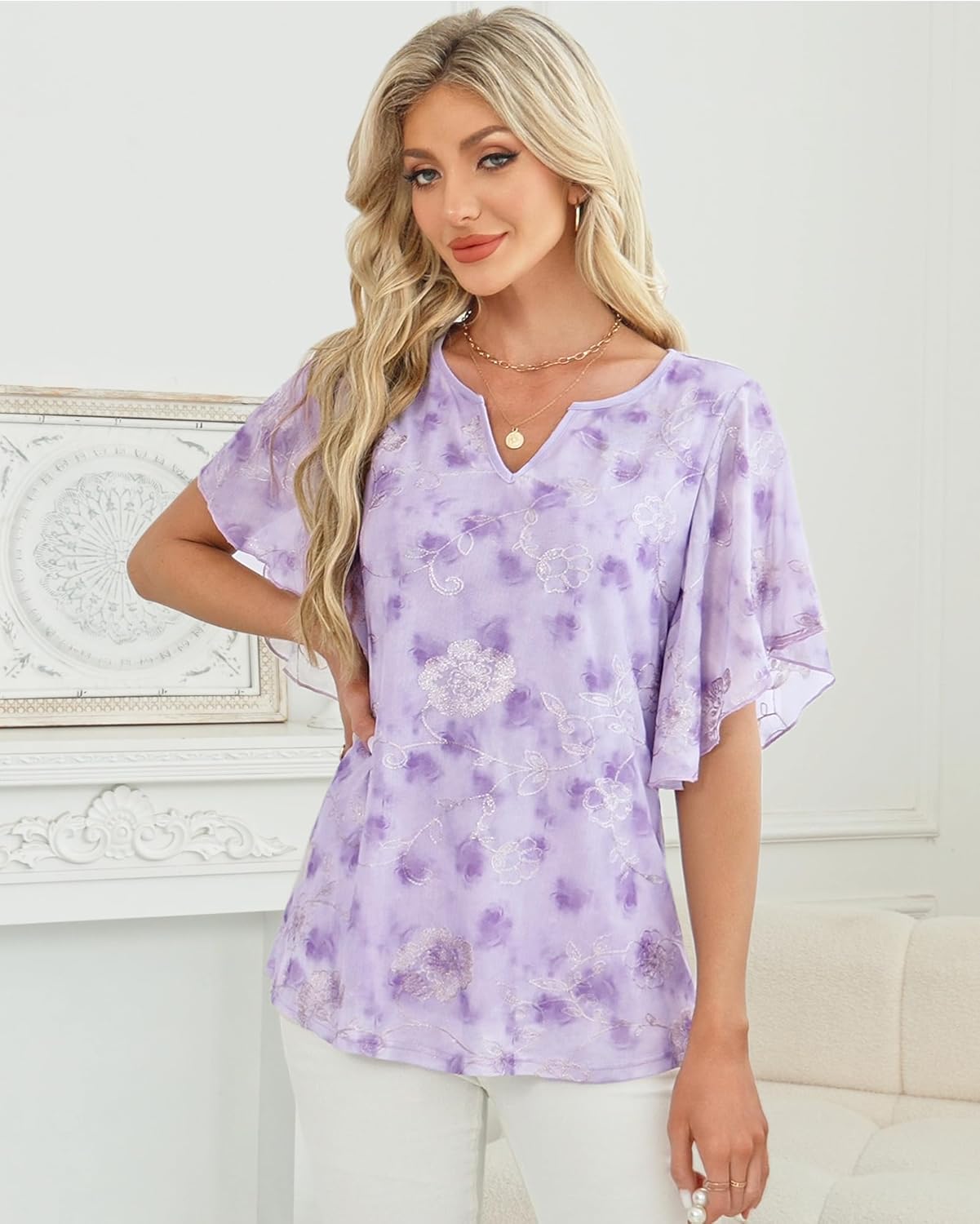 Furnex Women's Short Sleeve Tops Dressy Casual V Neck Double Layers Blouses Floral Mesh Tunics Tops - Image 5