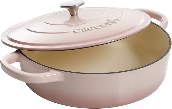 Crock-Pot Artisan 5-Quart Blush Enameled Cast Iron Braiser with Lid Durable Slow Cooker and Oven Safe Cookware