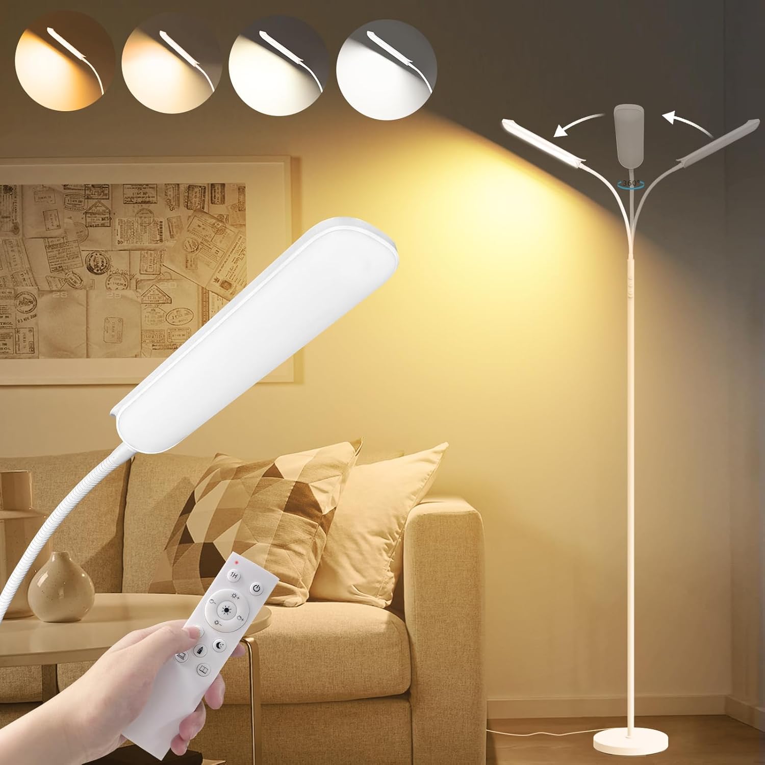 White Floor Lamp, 18W 1800LM Bright LED Floor Lamps for Living Room Bedroom, Dimmable Timing Eye Caring Reading Standing Lamp with Remote & Works with Smart Plug