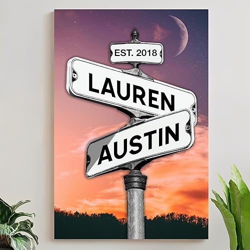 Miniatura 14 de Lienzo de letrero de calle Crossroad con nombre personalizado para parejas, arte de pared vintage personalizado con fecha, Regalo de San Valentín