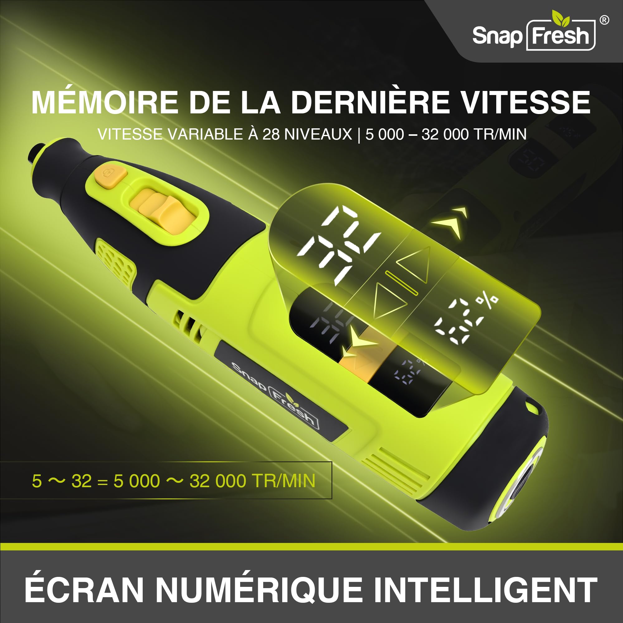 SnapFresh Outil Rotatif Multifonction Sans Fil 12V avec 111 Accessoires, Vitesse Variable 5000–32000tr/min, Affichage Numérique & Mémoire de Vitesse, pour Découpe, Ponçage, Perçage, Gravure, Polissage