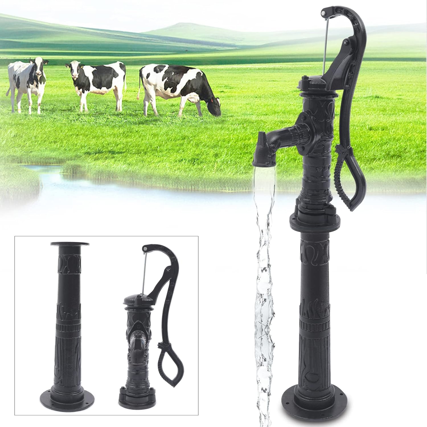 Cast Iron Hand Pump with Base - 6m Suction Range, Ergonomic Design, Suitable for Gardens and Parks (Hand pump+Raised base)