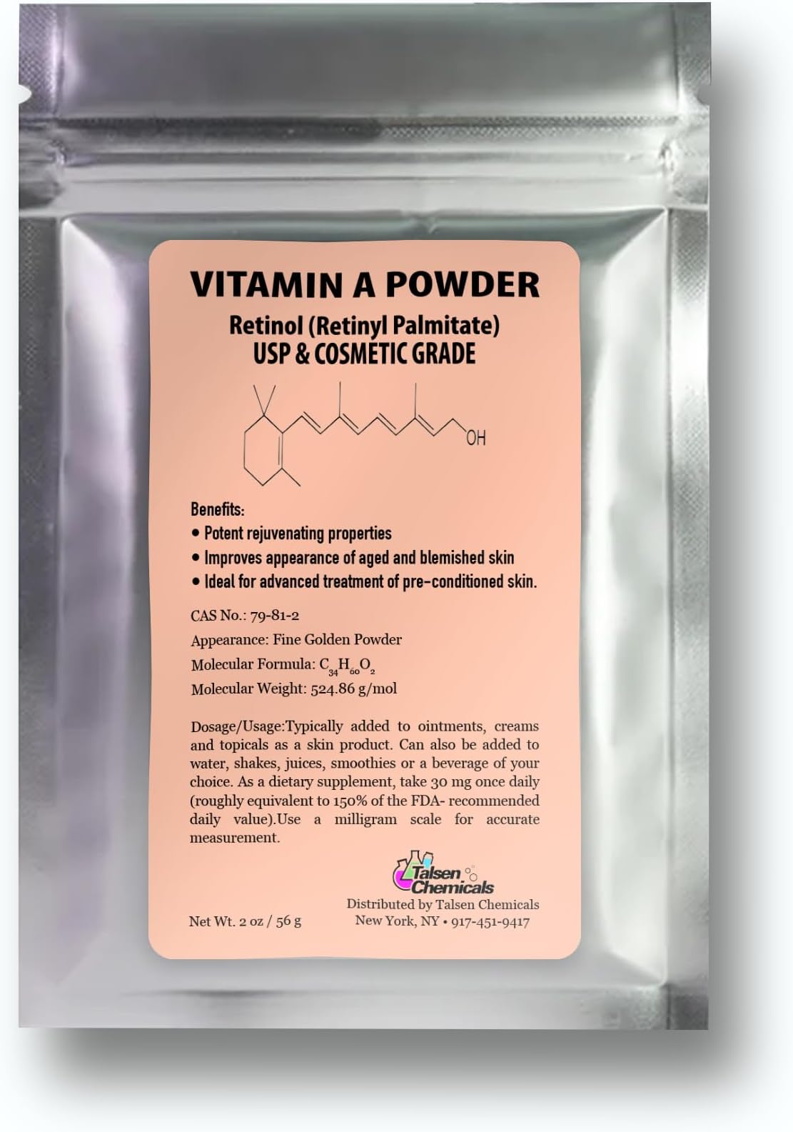 Vitamin A Powder Retinyl Palmitate, Pure Retinol Powdered Vitamin Water Soluble Vitamin A USP & Cosmetic Grade (2 oz. / 56 Grams)