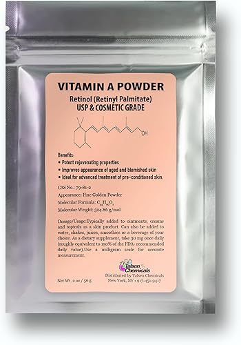 Vitamina A en polvo palmitato de retinilo, retinol puro en polvo, vitamina soluble en agua, vitamina A USP y grado cosmético (2 onzas 1.98 oz)