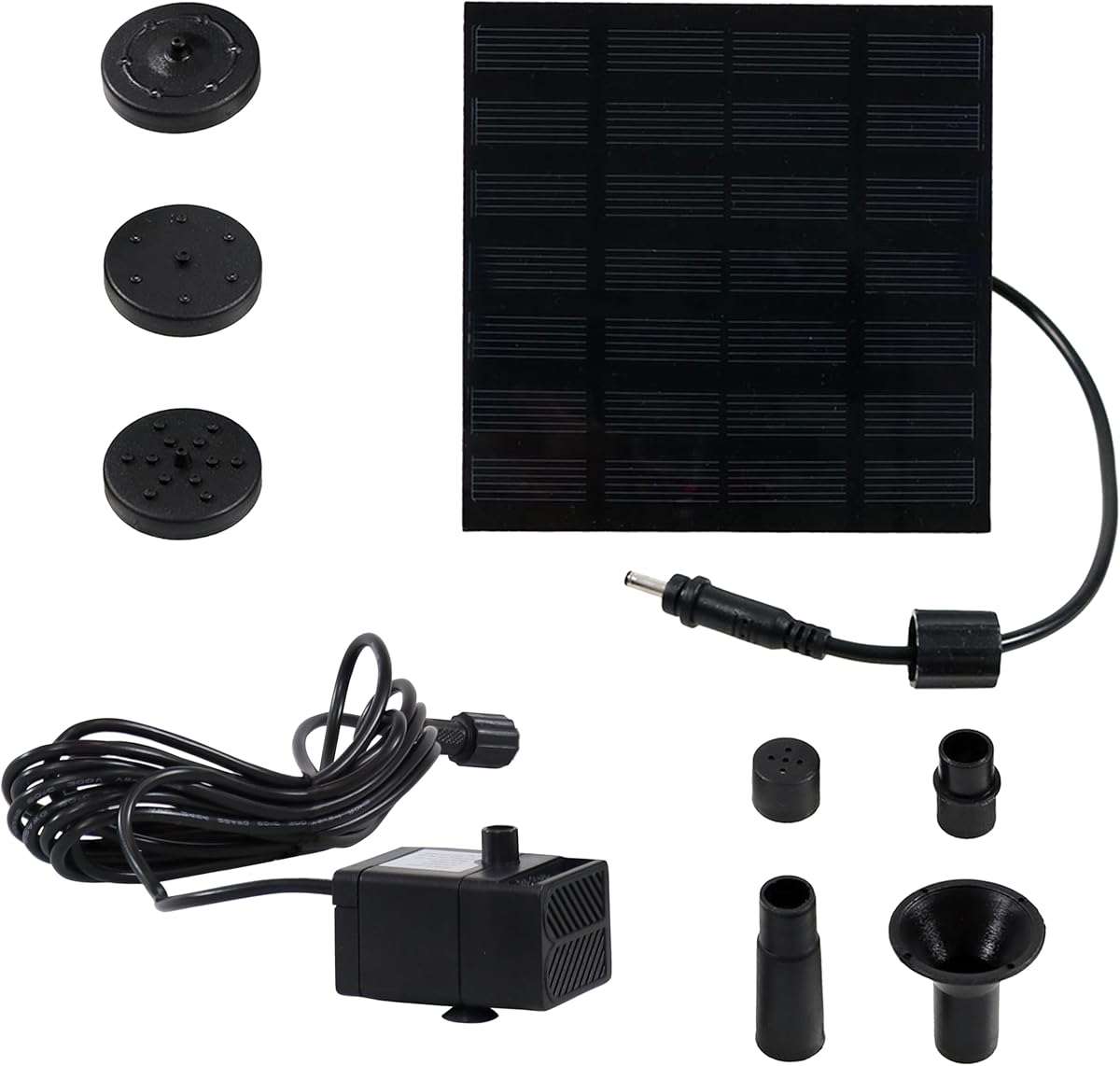 Sunnydaze Kit de bomba de fuente solar sumergible 40 GPH con 5 cabezales de pulverización | Bomba de fuente de flujo ajustable con panel solar, adaptadores de manguera, cable de 16' y elevación de 20", bomba de agua para fuentes pequeñas, baño para pájaros