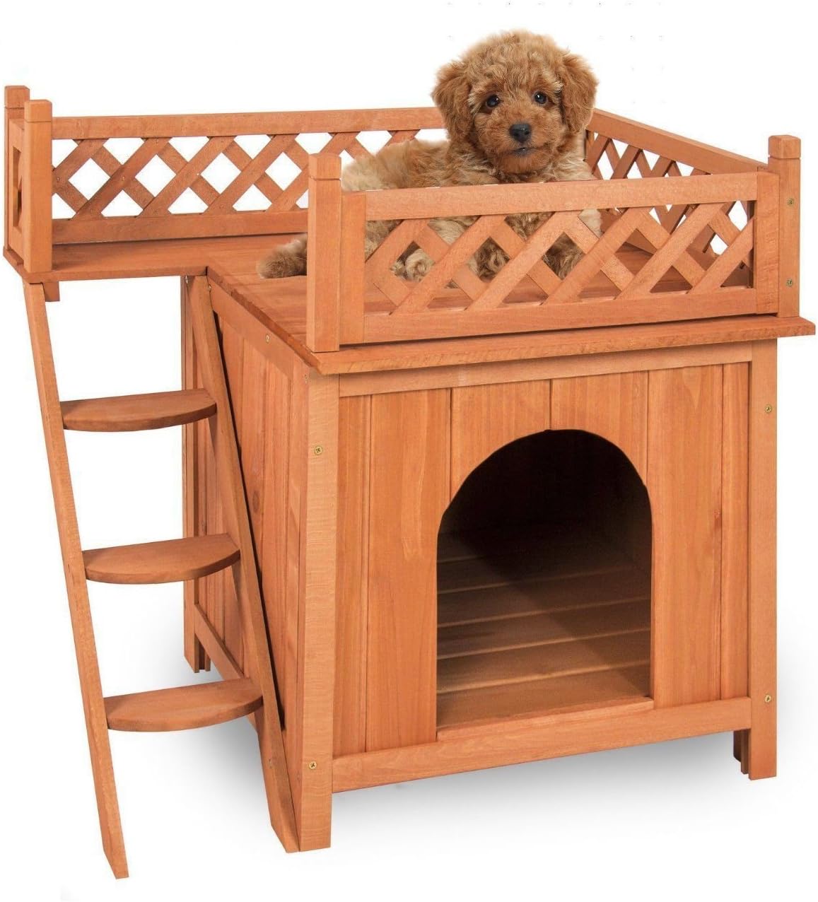 Giantex Pet Dog House, Wooden Dog Room Shelter with Stairs, Raised Roof and Balcony Bed for Indoor and Outdoor Use, Wood Dog House