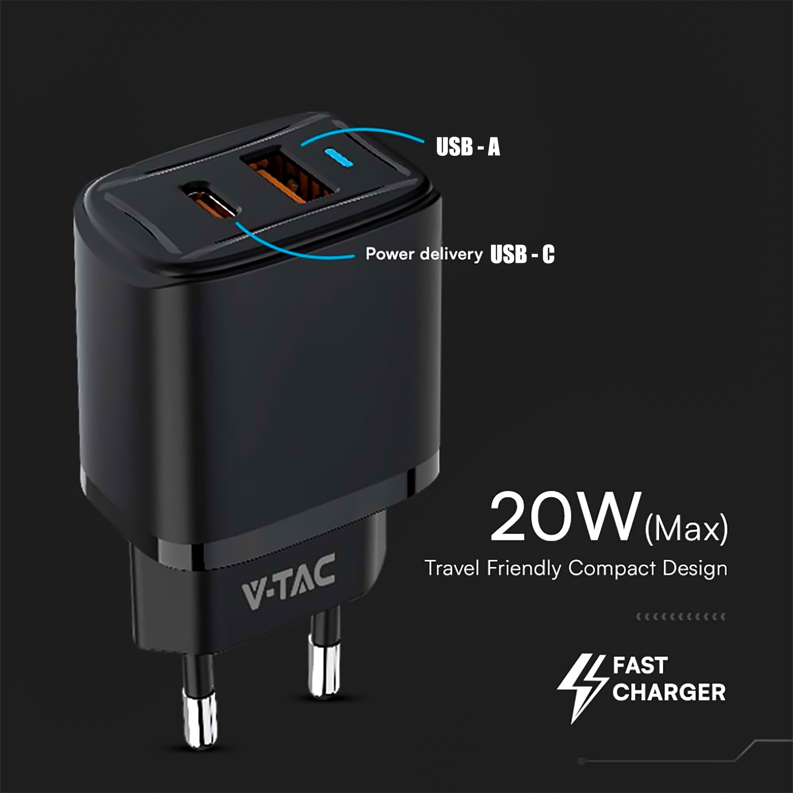V-TAC Caricatore Rapido USB-C 20W per Iphone e Samsung – [SUPER PICCOLO] - per Smartphone e Dispositivi – 2 Porte: Type C + USB A - Compatibile Iphone 14/15/16/17 PRO/MAX e Galaxy S25 / S26 / A56