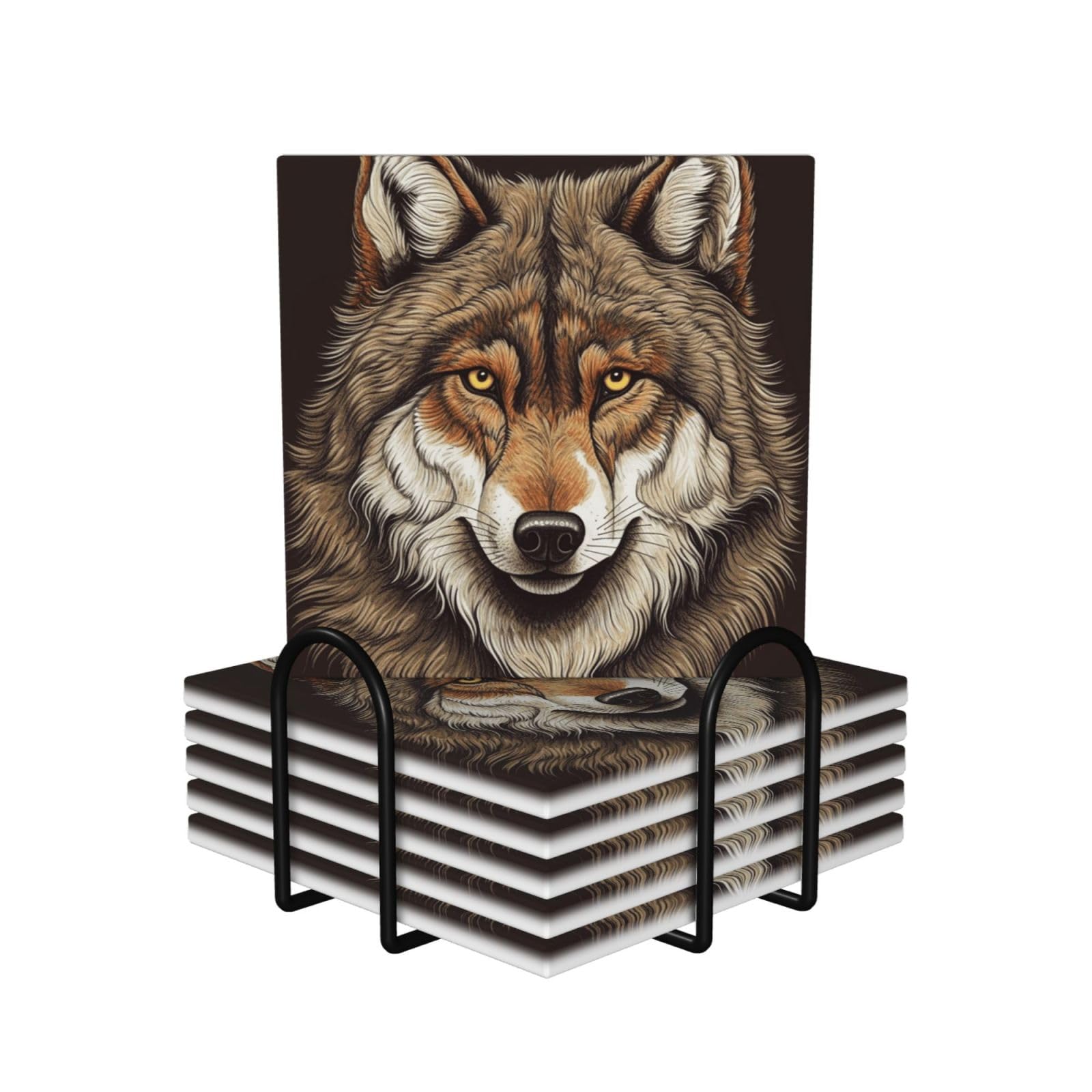 Dessous de verre loup en céramique premium et son support design marron