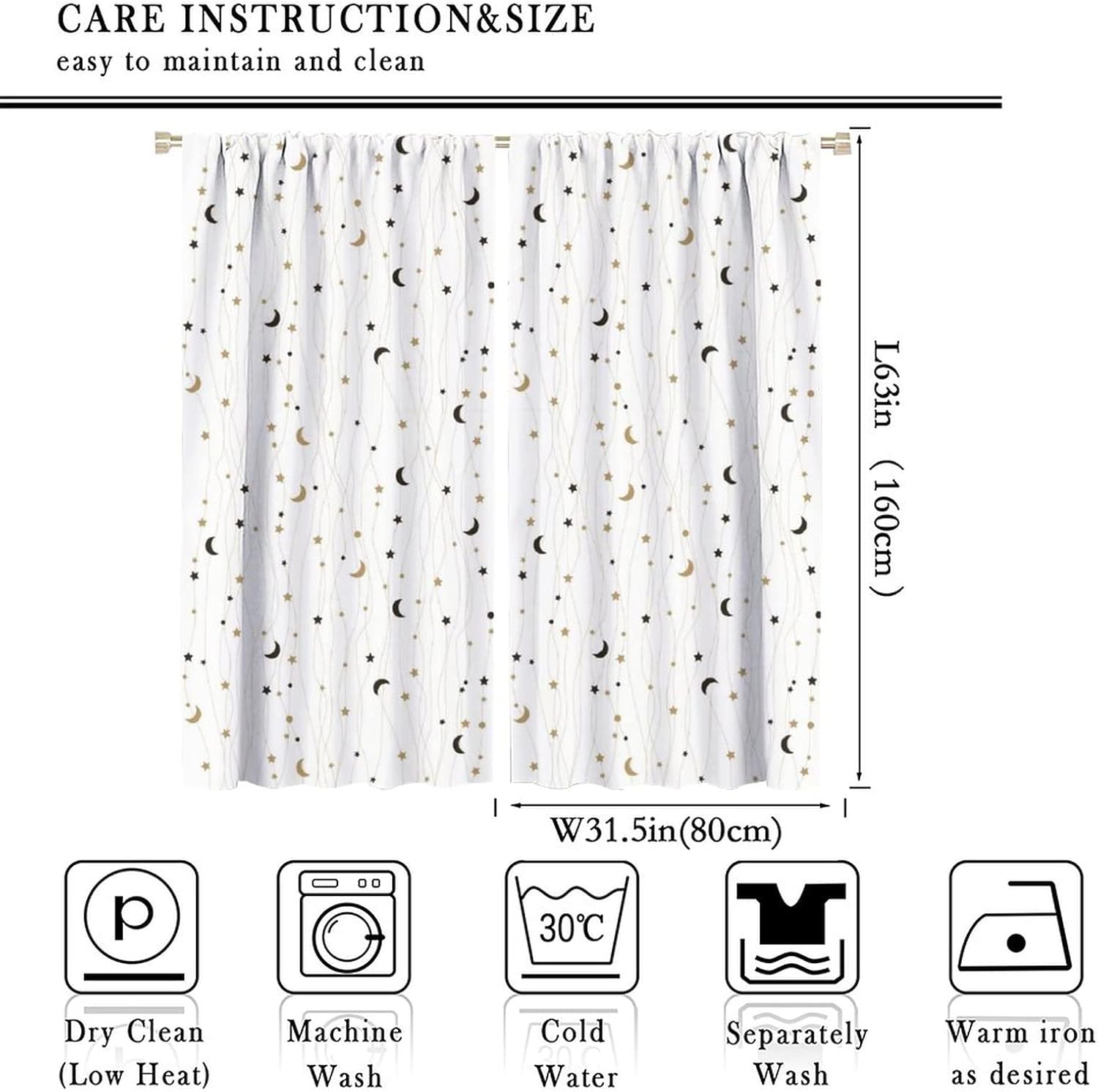 Star Moon Curtains Beautiful Children's Room Decor Cartoon Theme Rod Pocket Blackout Window Drapes 2 Panels Set 63x63in