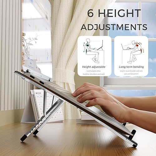 Miniatura 3 de Junfire Soporte plegable para laptop de 17.3 pulgadas, elevador ergonómico estable de aluminio con ajuste de altura de 6 niveles, se adapta a