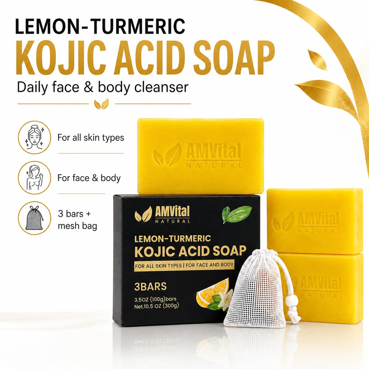 AMVital Lemon Turmeric Kojic Acid Soap Bar - 3-Pack Plant-Based Face & Body Bar Soap - Gentle Daily Soap for All Skin Types - Vegan Skincare Gift for Men & Women image 2