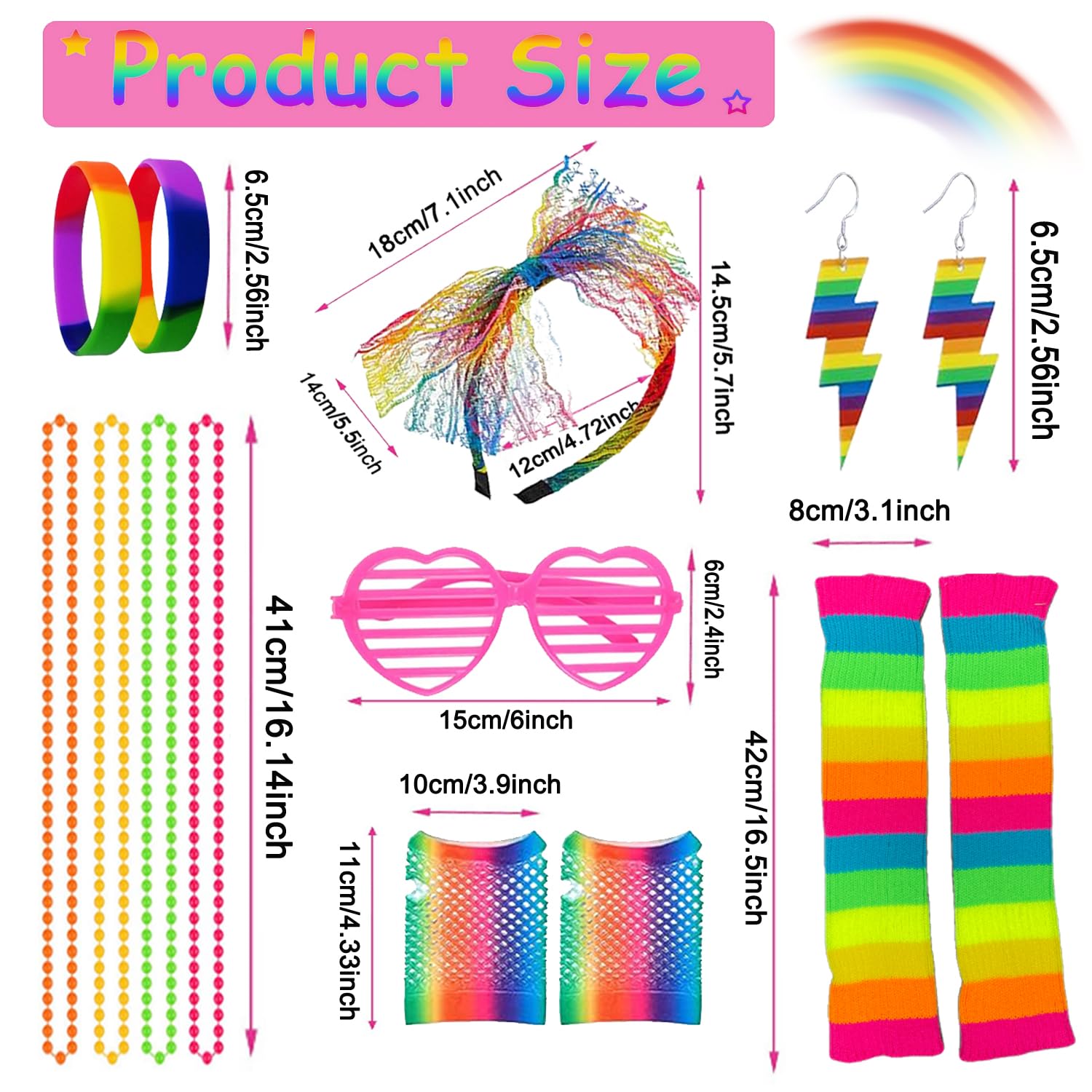 Ronilp 80s Fancy Dress for Women Rainbow 1980s Accessories for Women Costume Accessories Set including Leg Warmer Necklace Bracelet Bow Headband Fishnet Gloves Earrings Hollow Glasses - Image 2