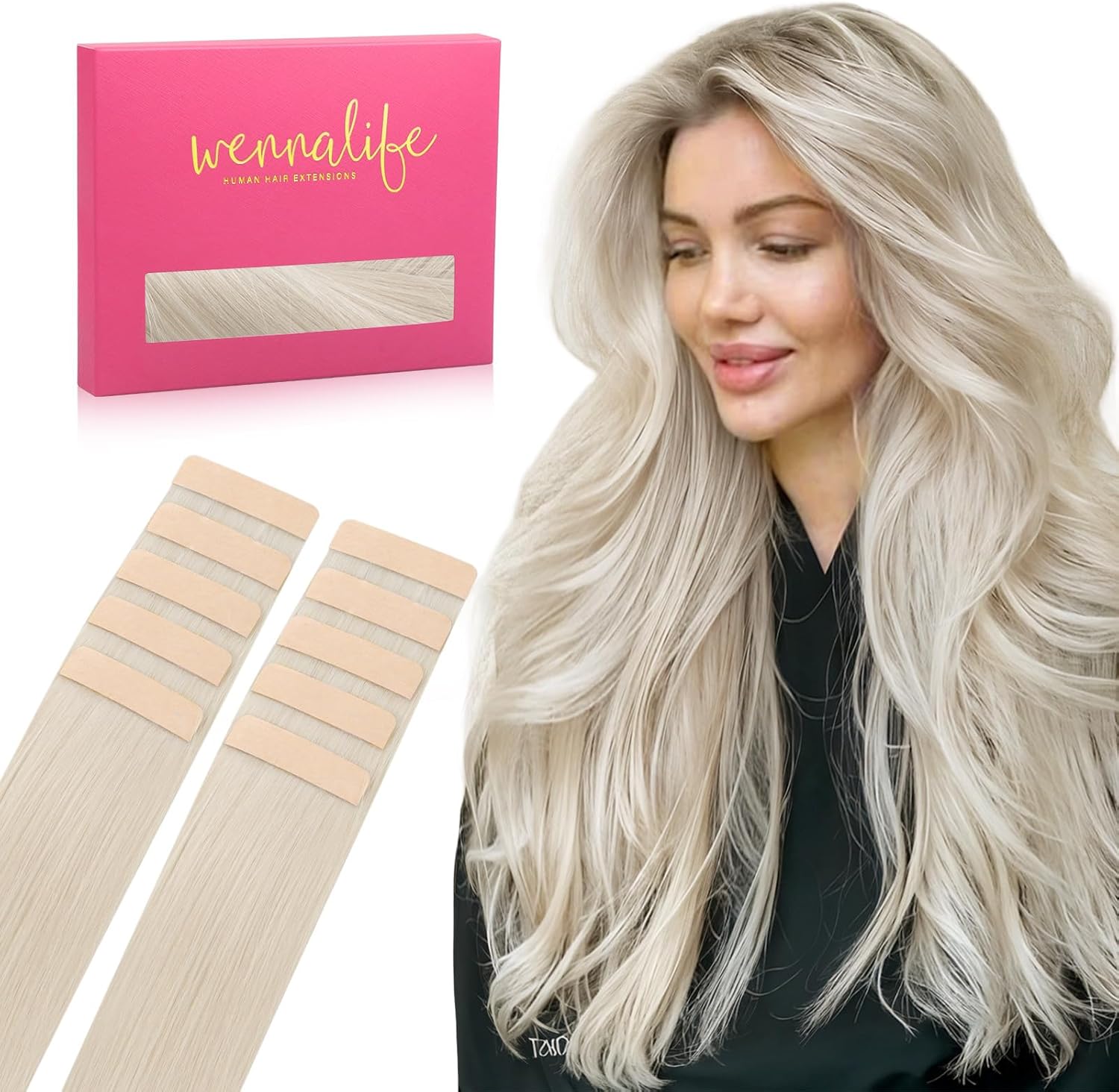 WENNALIFE Tape in Hair Extensions Human Hair 10pcs 20g 10 inch Platinum Blonde Real Human Hair Extensions for Women Hair Extensions Tape for Women Rallonge Cheveux Humain Naturel