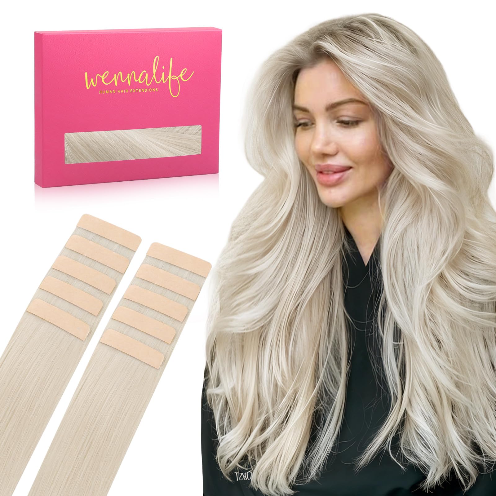 WENNALIFE Tape Extensions Echthaar, 25 to 65cm 10 to 40 Stück Invisible Tape in Extensions Echthaar, Haarverlängerung Echthaar, Remy Gerade Haarextension Echthaar