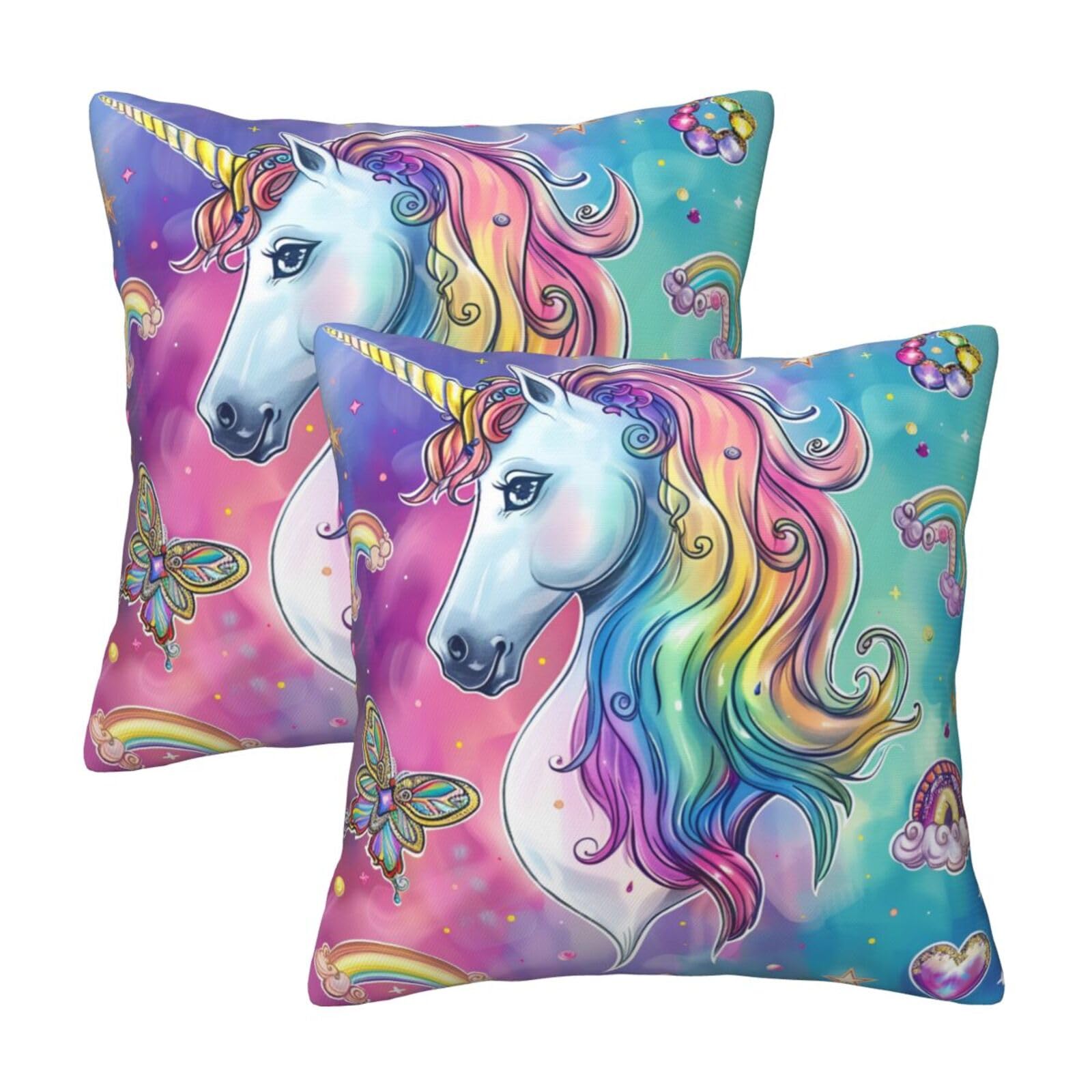 Rainbow unicorn Throw Pillow Cases 2 Pack Square Pillowcases Soft Pillow Protectors for Couch Livingroom Sofa Bed Office Car,30x30 CM