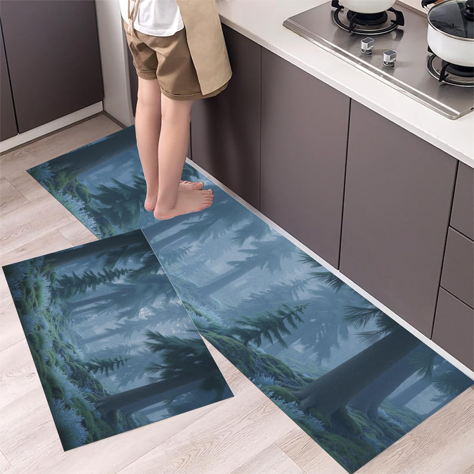 Alfombras cocina lavables y antideslizantes de 2 piezas, tapetes de suelo azul-verde de bosque