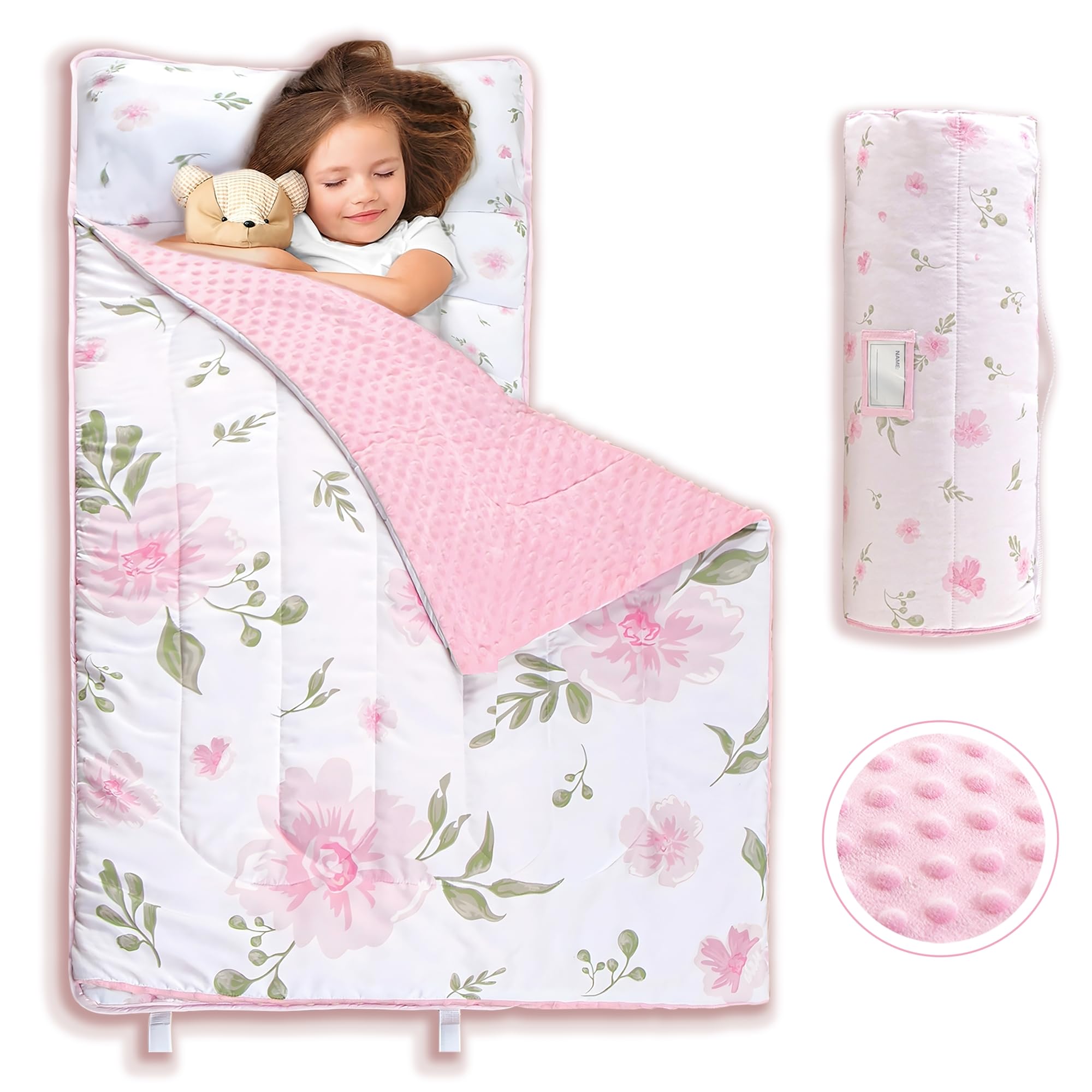 Jupeollon nap mats for Preschool with Removable Pillow and Fleece Blanket Girls Extra Thick Portable Toddler nap mats for Daycare Sleeping Bag for Kids for Travel Camping (Pink Floral)