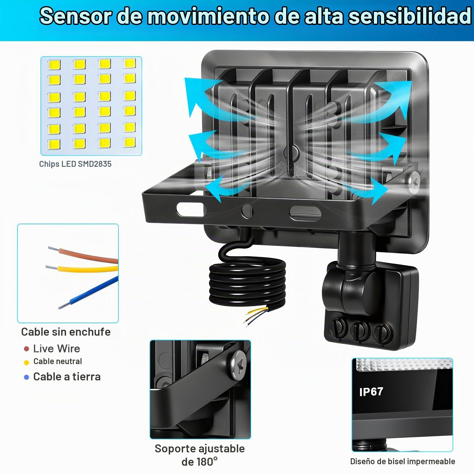 50W Foco LED con Sensor Movimiento - 2 Piezas 5000LM Luz Exterior con sensor de movimiento Blanco Frío 6500K IP67 Impermeable Proyector led Exterior para Patio, Jardín, Garaje, Fábrica