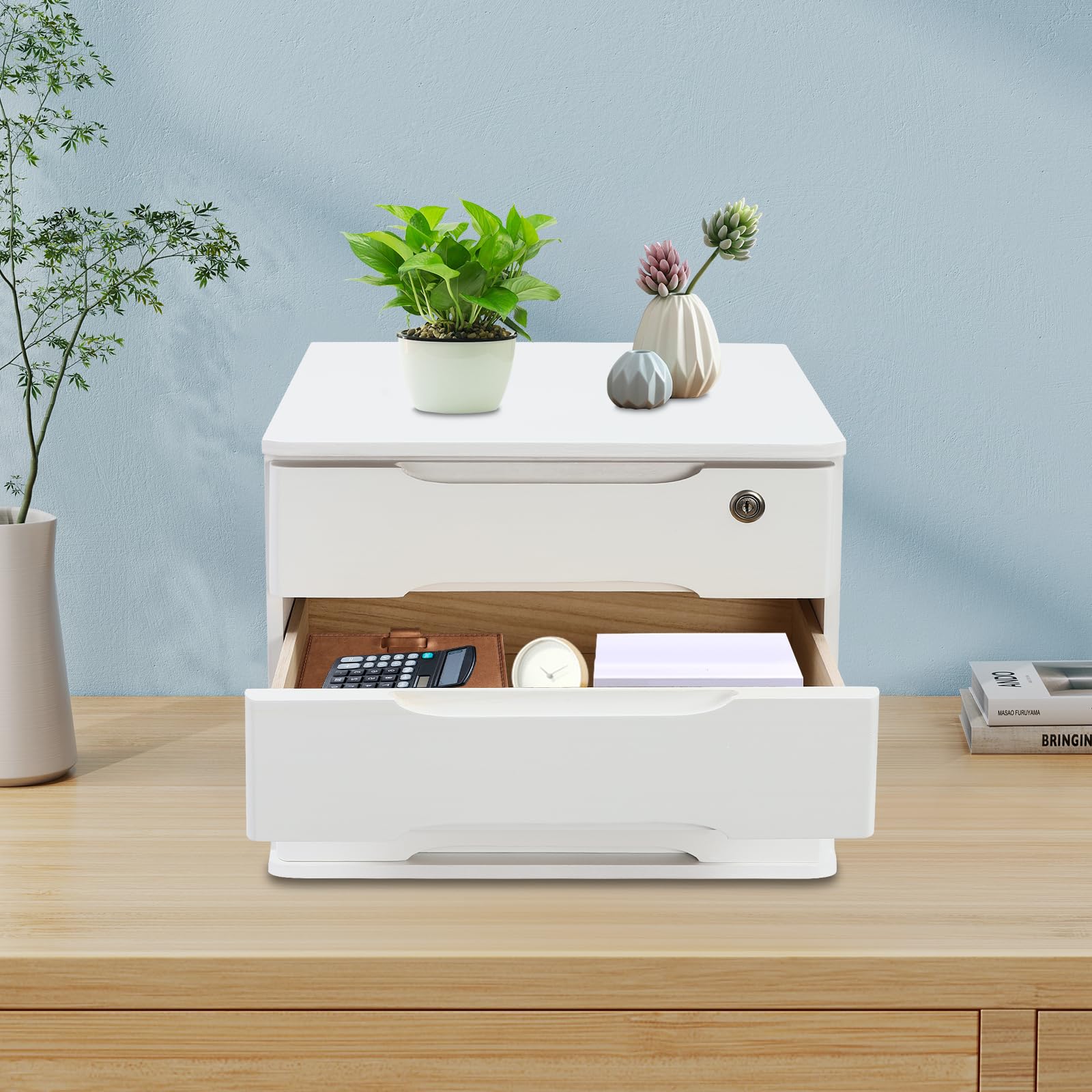 Organizer da scrivania in legno a 3 livelli, 40 x 28 x 31 cm, con cassetti richiudibili, 6 chiavi e cuscinetti antiscivolo, salvaspazio (bianco)