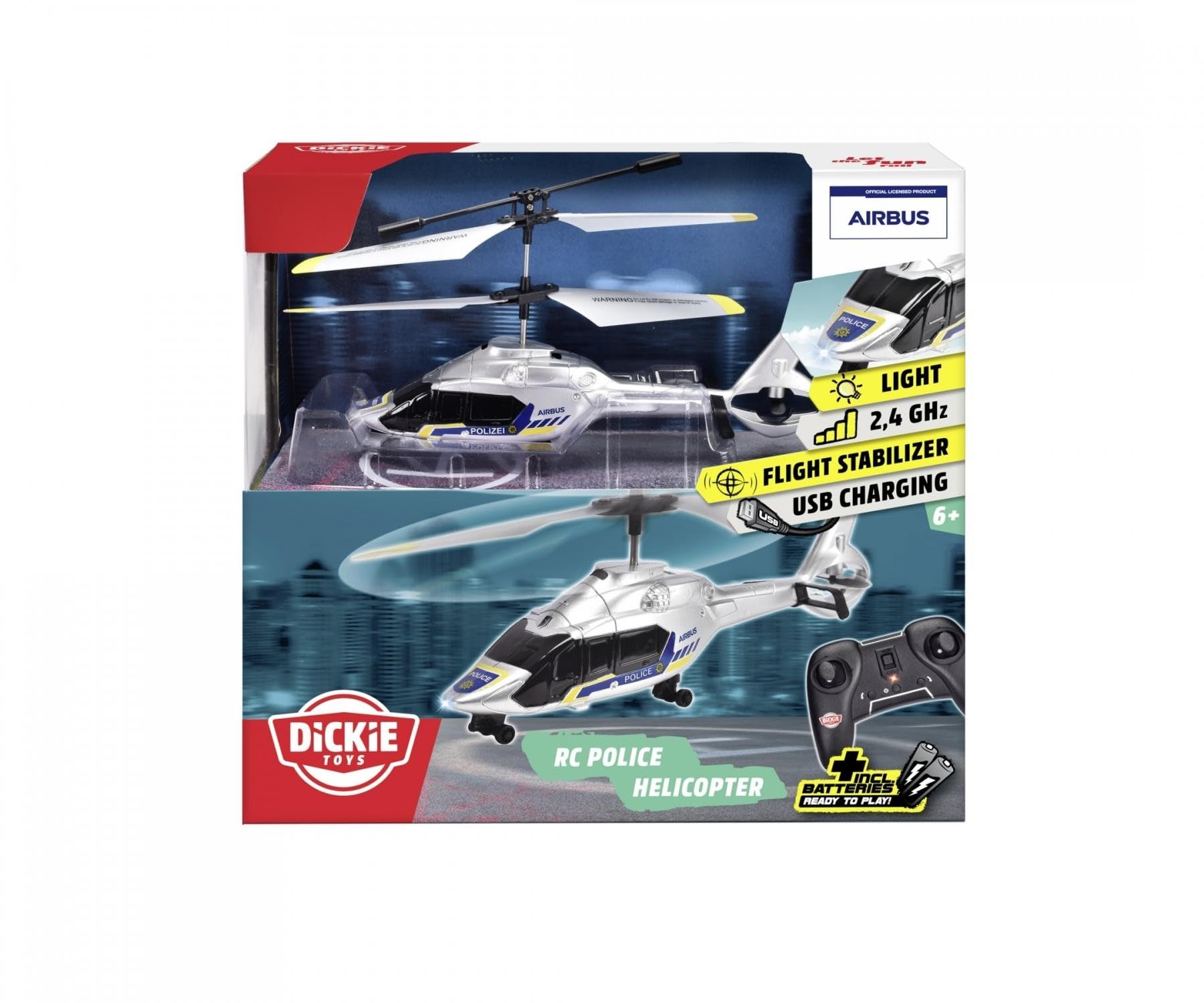 Dickie H160 - Elicottero da polizia RC 1:60 Airbus H160 2,4 GHz, ricarica USB 6 km/h con luce 21 cm, per bambini dai 6 anni in su