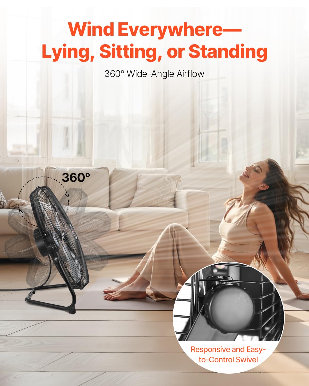 VEVOR Ventilateur de sol, 3 vitesses, ventilateur industriel en métal robuste 508 mm, inclinaison à 360°, vitesse du vent 6,5 m/s, pour maison, bureau, garage, magasin commercial, chambre à coucher