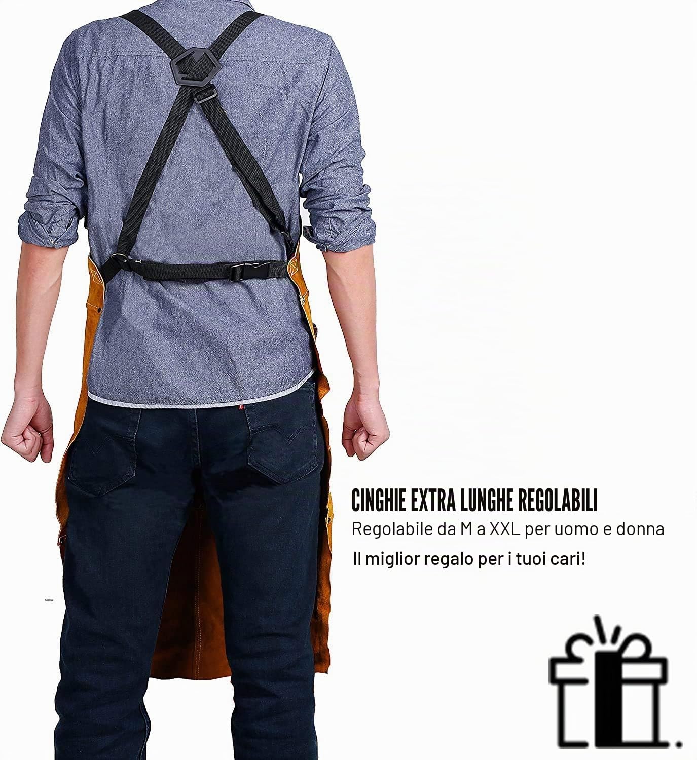QeeLink Grembiule Saldatore in Pelle Resistente al Calore, Grembiule per Falegname con 6 Tasche, Grembiuli da Lavoro per Uomo Regolabile da M a XXXL per Fabbro, Carpentiere