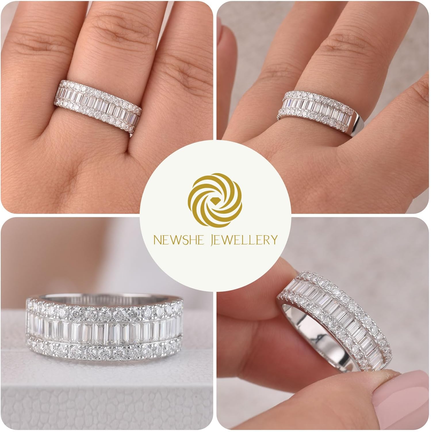Newshe Jewellery Moissanite Rings for Women 925 Sterling Silver Wedding Bands Eternity Ring Emerald Promise Engagement Size 5-10 - Image 3