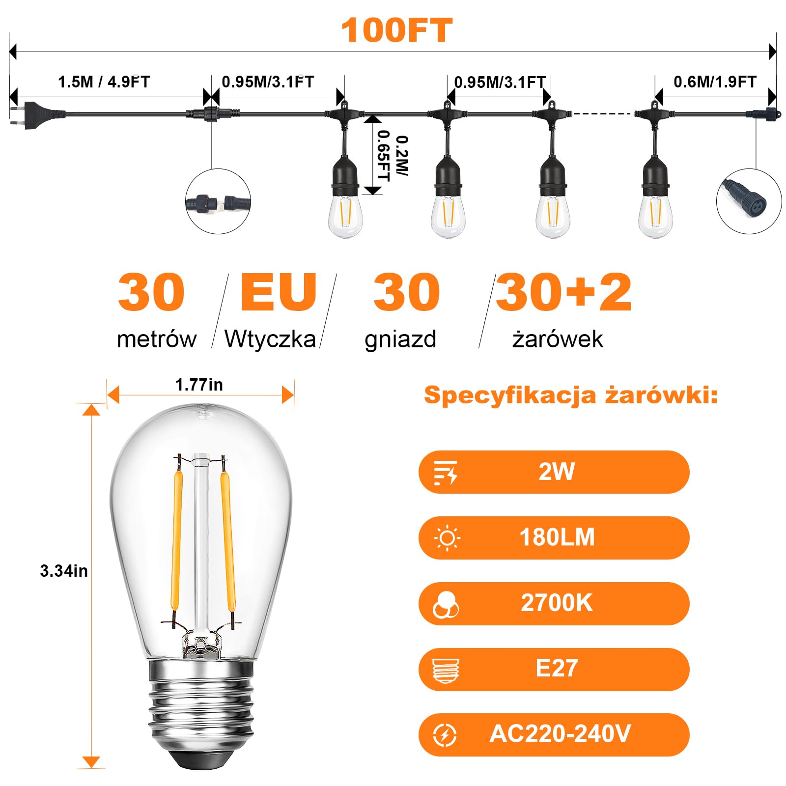 BRIMAX Łańcuch świetlny LED na zewnątrz, 30 metrów z 30 żarówkami 2 W S14, prąd AC 220-240 V, 2700 K ciepła biel, wodoszczelność IP44, oświetlenie zewnętrzne do ogrodu, na imprezę, wesele, kemping